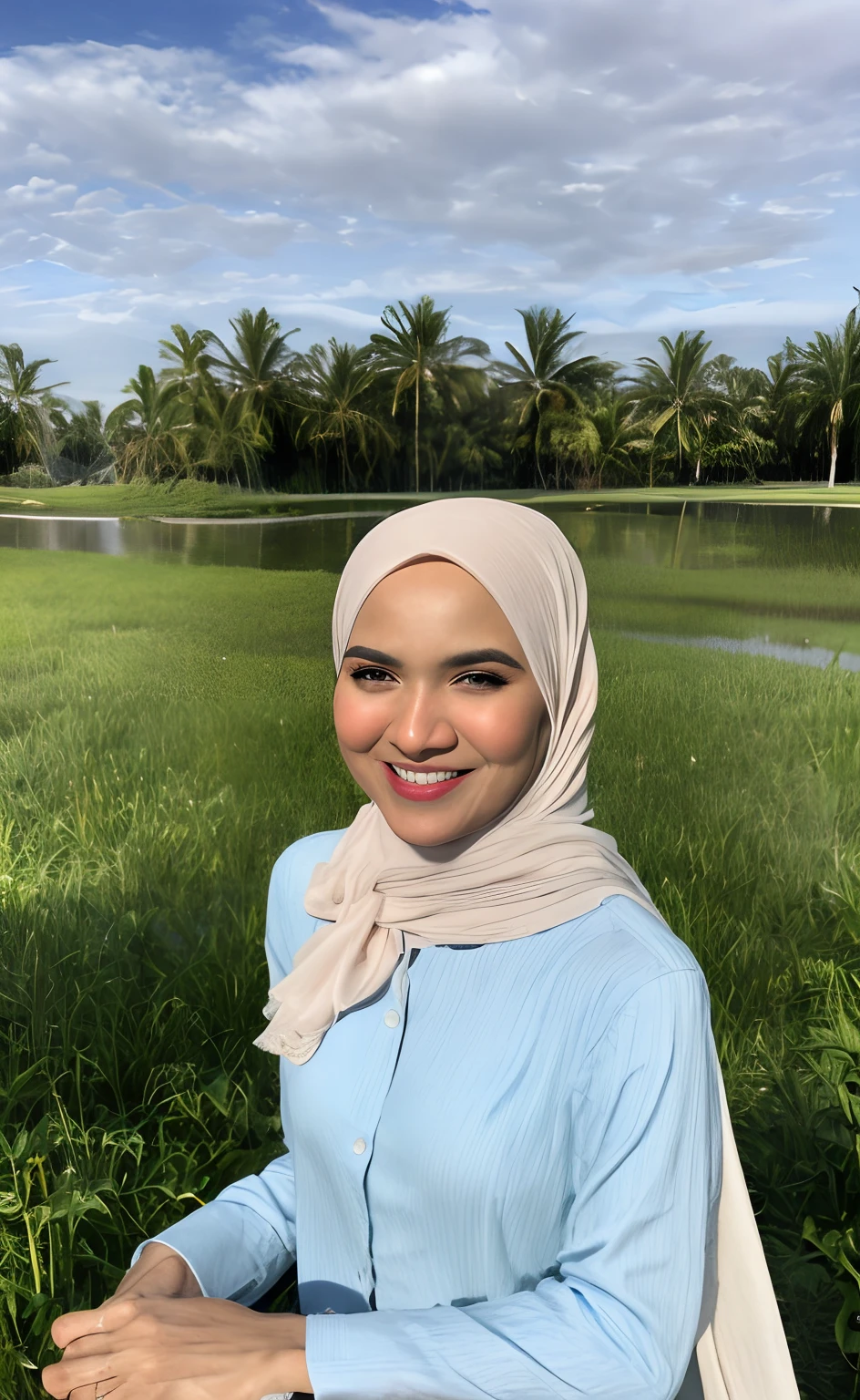 Masterpiece:1.2, high quality, best quality, high resolution, detailed, hyper realistic, 1 malay girl, wear blue baju kebaya, bright short white hair, Shaggy Bob Haircut with Bangs, brown eyes, head tilt, sunset, birds flying, paddy field with few village, Portrait, smile, showing teeth, (detailed face), ((sharp focus)), ((face)), upper body, mid shot portrait,