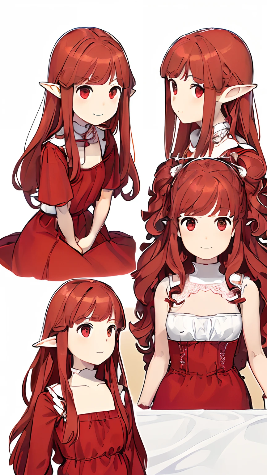 ((Best quality)), ((Masterpiece)), ((Realistic)) 9 years old, Red-haired girl, Curly hair with long hair, Relaxed smiley face ((Slender)) ， ((( Doll dress))) (( Mini skirt )) ((It's cute )) Textured elf hairstyle (((Detailed character table, Frontal view, Side view, three fourths view))) (((White background))) 6 halves of the whole body
