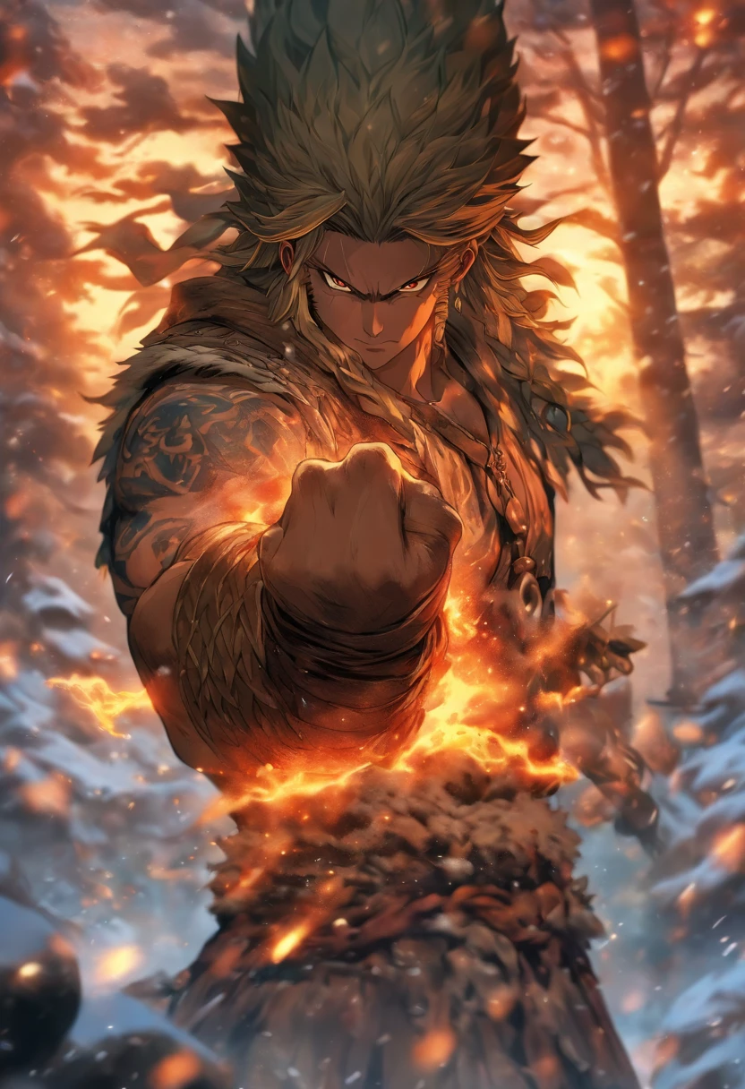 (((only one arm)))best quality, very high resolution, 4K detailed CG, master piece, Tyr, god of courage, chains, without one hand, just one hand, number of hands one, snow, Norse, tattoos rune, forest, Norse mythology, without an arm, Nordic tattoos, beautiful aesthetics, just one arm, Beautiful image, centered on the screen