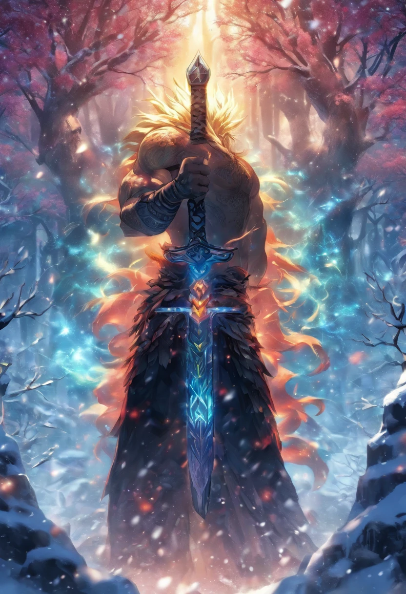 (((only one arm)))best quality, very high resolution, 4K detailed CG, master piece, Tyr, god of courage, chains, without one hand, just one hand, number of hands one, snow, Norse, tattoos rune, forest, Norse mythology, without an arm, Nordic tattoos, beautiful aesthetics, just one arm, Beautiful image, centered on the screen