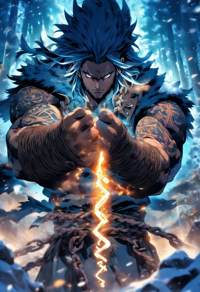 (((only one arm)))best quality, very high resolution, 4K detailed CG, master piece, Tyr, god of courage, chains, without one hand, just one hand, number of hands one, snow, Norse, tattoos rune, forest, Norse mythology, without an arm, Nordic tattoos, beautiful aesthetics, just one arm, Beautiful image, centered on the screen