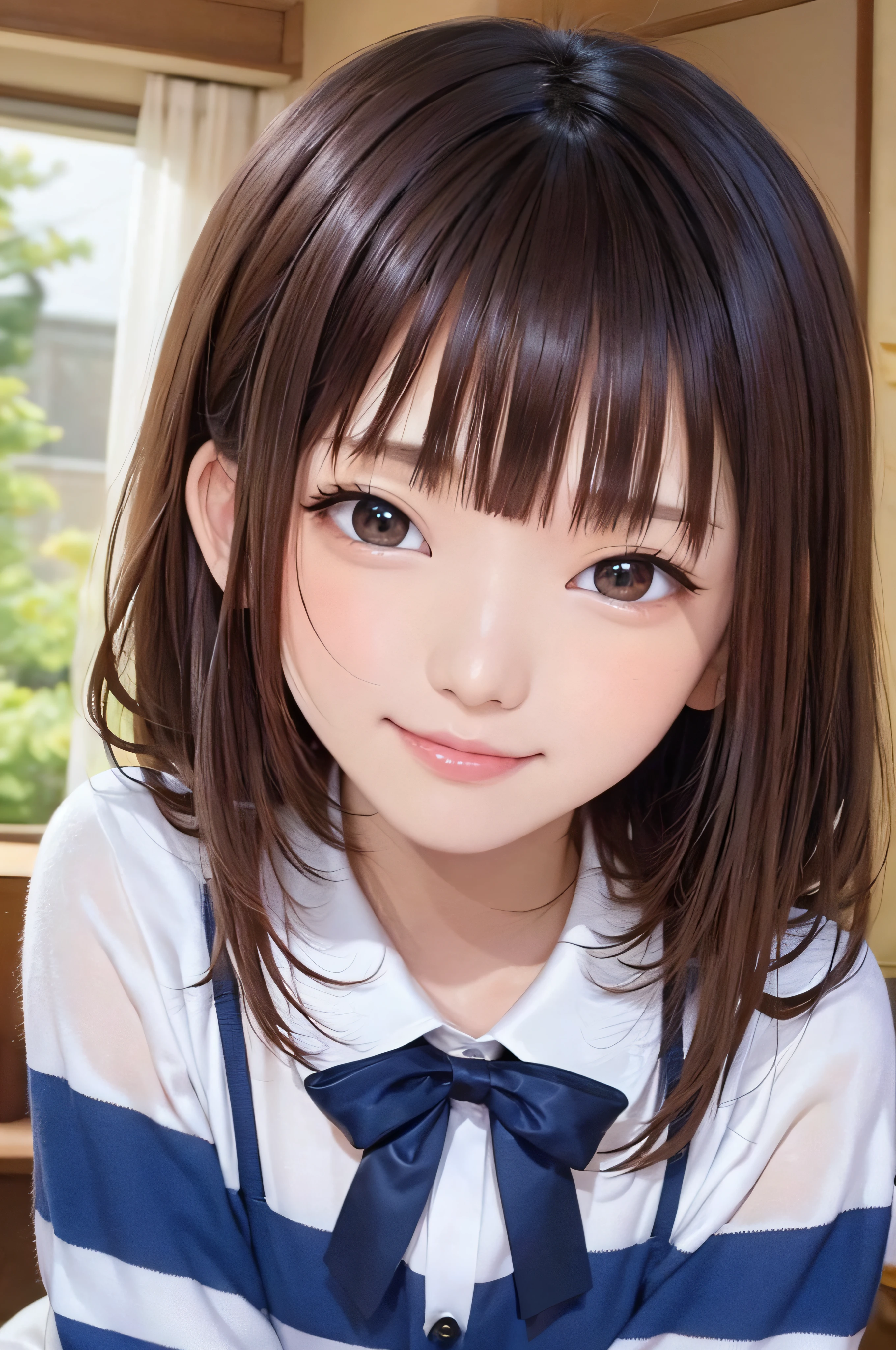 、brown haired、beautidful eyes、real looking skin、hi-school girl、small tits、(8K、​masterpiece)、(reallistic、Photorealsitic)、top-quality、ighly detailed、The ultra-detailliert、Beautie、cute little、japanes、idol、a smile、Close-up portrait、Healthy face、School uniform、plaid skirts