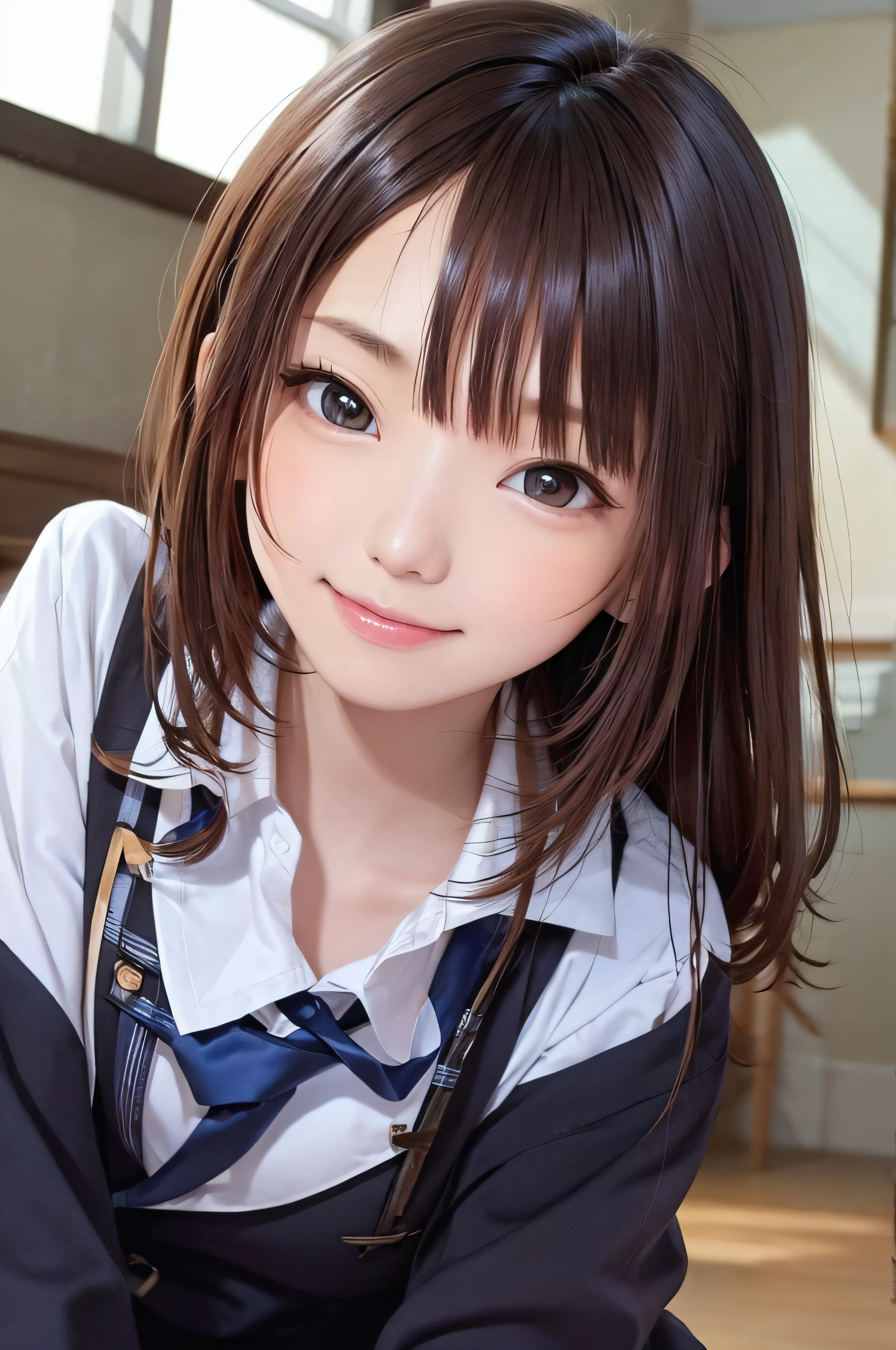 、brown haired、beautidful eyes、real looking skin、hi-school girl、small tits、(8K、​masterpiece)、(reallistic、Photorealsitic)、top-quality、ighly detailed、The ultra-detailliert、Beautie、cute little、japanes、idol、a smile、Close-up portrait、Healthy face、School uniform、plaid skirts