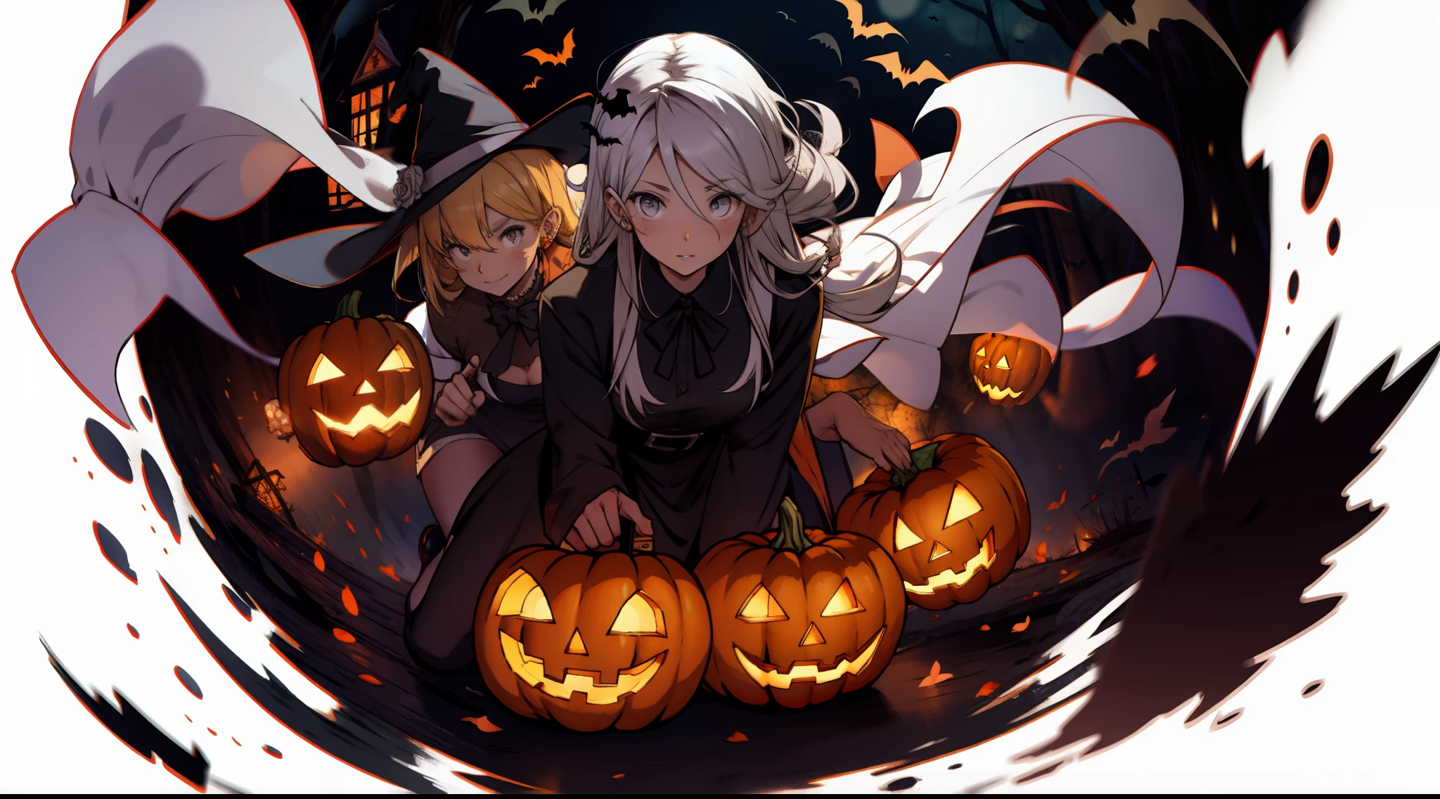 Image of three girls dressed in Halloween costumes sitting on a giant Halloween pumpkin，Mysterious night view，smile