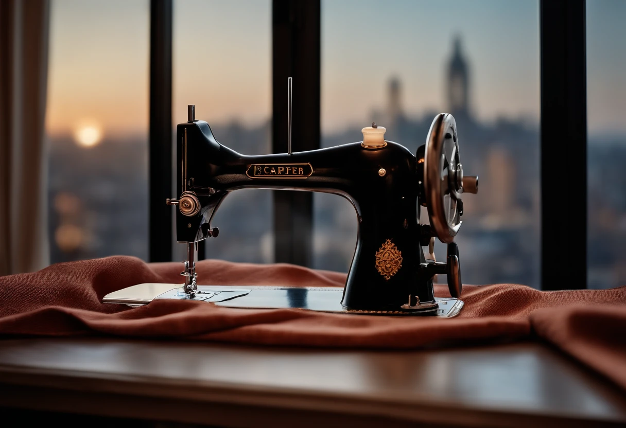 (Best Quality,4k,8K,hight resolution,Masterpiece:1.2),Ultra-detailed,(Realistic,Photorealistic,photo-realistic:1.37),Sewing machine by the open window overlooking the city,Sewing a mannequin next to the machine,illustartion,soft-lighting,Subtle shadows,Stitching,thread,Beautiful detailed machine,Meticulously crafted mannequin,Vintage style,Sewing supplies,Pins and needles,Fabric patterns,Sewing tools,sewing scissors,Button details,Textures of fabrics,View of the cityscape,high buildings,Blurry lights in the distance,cozy atmosphere,Relaxed atmosphere,relax vibe