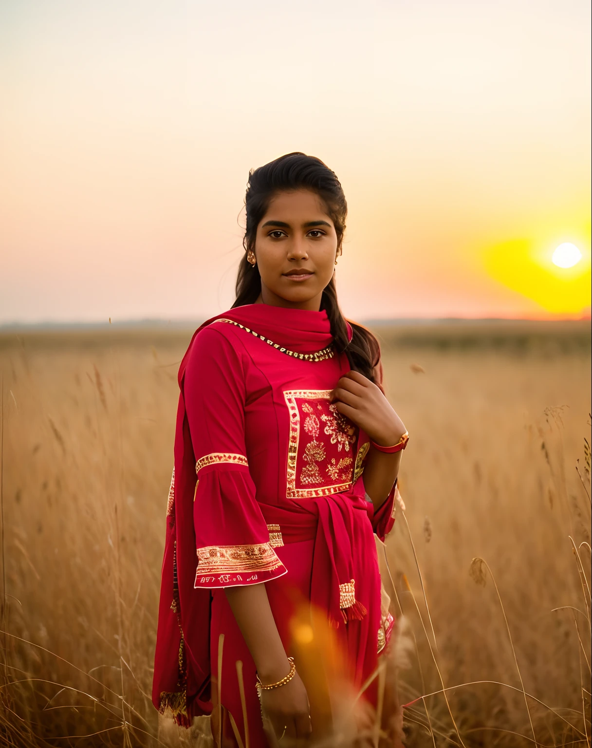 there is a woman standing in a field with a red scarf, indian girl with brown skin, standing in the grass at sunset, photo of young woman, standing in a grassy field, standing in grassy field, girl standing in a flower field, in a field, standing in a field, photo of a woman, girl standing in flower field, during a sunset