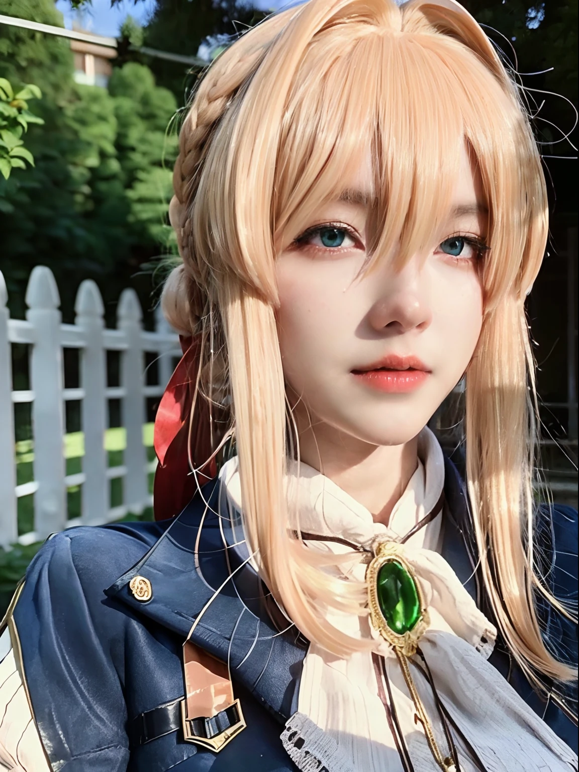 violet_evergarden, blue_eyes, best quality, ultra high res, (photorealistic1.4), 1girl, (blonde long hair:1.3), expressionless, long dress, hair braid, red ribbon, green gem neklace, ((puffy eyes)), ((upper body)), (((looking at viewer))), ((closeup)),