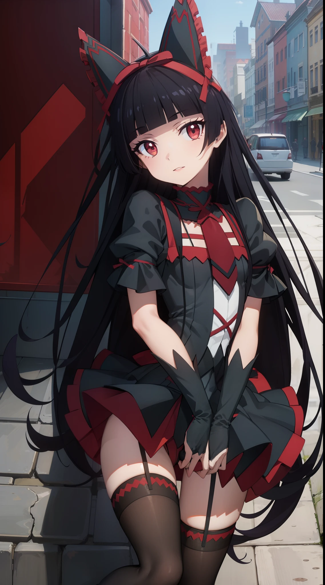 Rory Mercury, Rory Mercury, black  hair, blunt bangs, hime cut, hair ornament, red lipstick, hairlong, cute face, makeup, (small chest:1.2), (red eyes:1.5), BREAK Gothic underwear, the perfect body (little chest:1.3),  BREAK in full growth, red shoes, BREAK Black Stockings, Black Gloves BREAK, black thighs, garter straps, gloves, gotik, Hair Bow, gothic fashion, puffy short sleeves, puffy sleeves, short sleeves, thights, thights,  BREAK of the starry night sky, night city, BREAK looks at the viewer, BREAK (Masterpiece:1.2), Best Quality, High Resolution, Unity 8k壁纸, (illustartion:0.8), (beautiful detail eyes:1.6), extremely detailed face, perfect  lighting, extremely detailed CGI, (perfect arms, perfect anatomy),