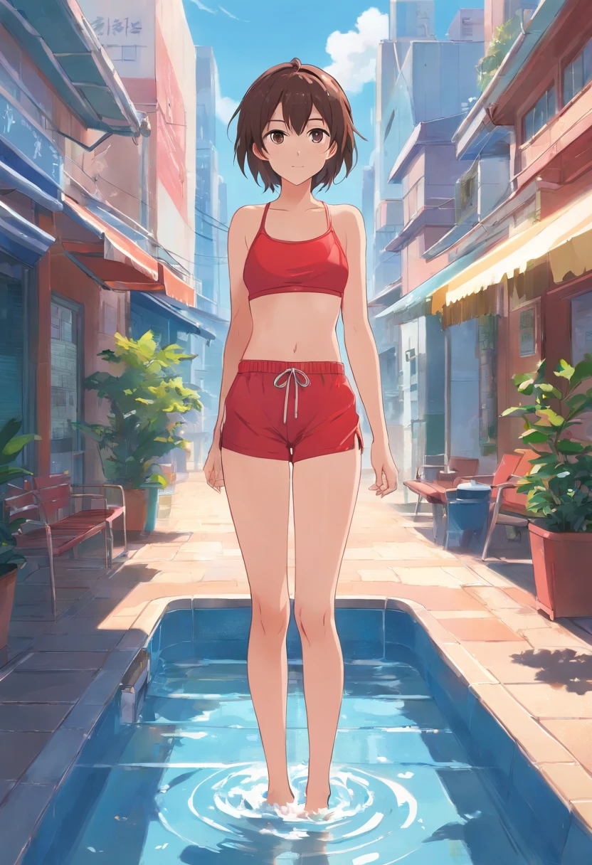 change into a bathing suit、Red pants