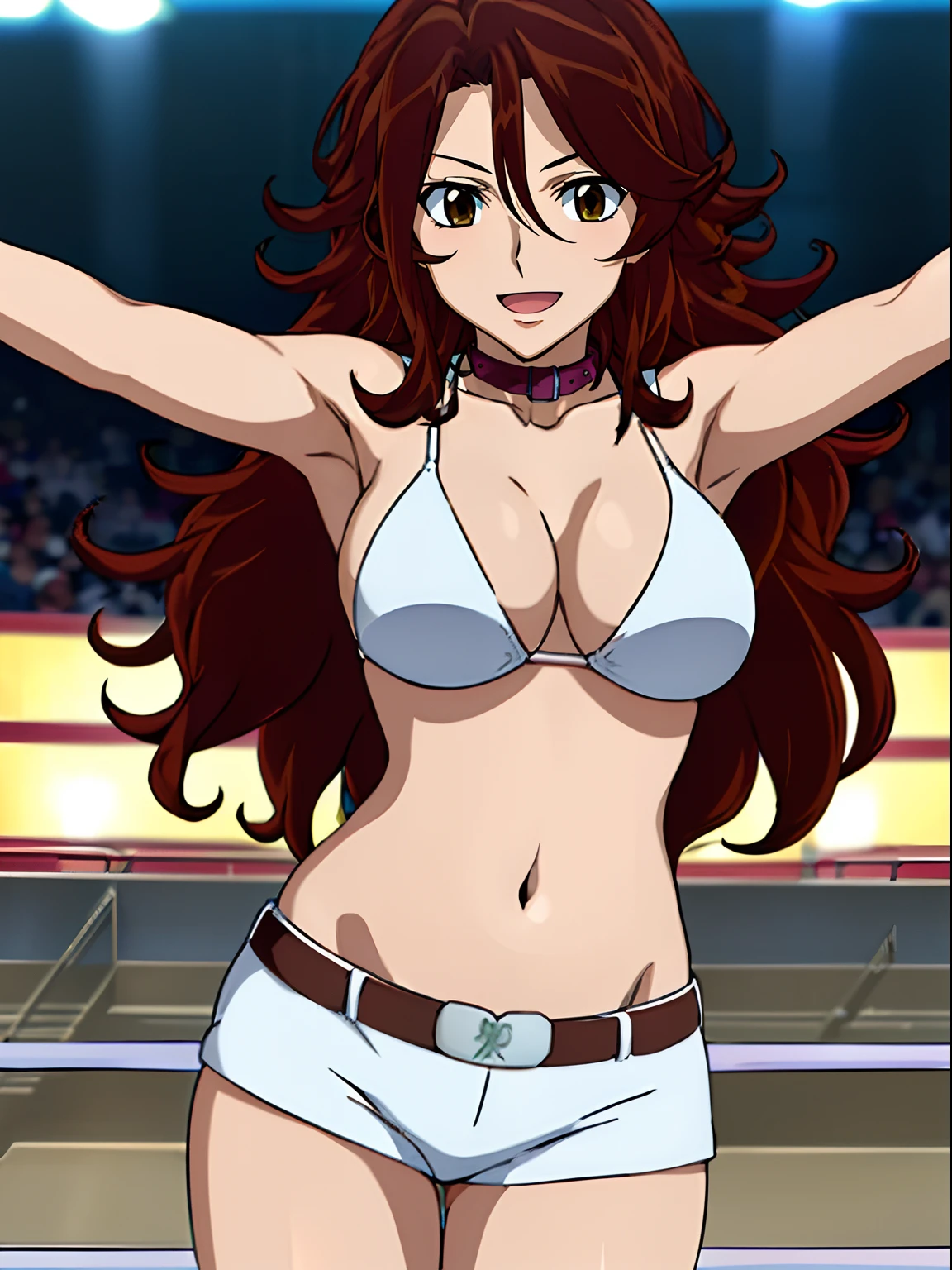 selfie shot, body view, anime style: 1.8, anime drawing, ultra detailed face, ultra detailed body, , 4k, Sumergai Lee Noriega, (standing), best quality, anime style, hires, highest definition, digital blending, bold drawing lines, ((slim waist, female wrestler), (location: wrestling arena, crowds watching), ( slim body, athletic , little biceps, thighs, off-shoulders, (curvy: 6.8), lighting, spot lights, very shiny skin), ((white bikini, shorts, groin, , white gloves, collar, belt)), victorious, winner, , (big breasts, smile), (big eyes, brown eyes), (clapping), (brown hair, loose hair, curly hair, wavy hair, long hair, missy hair), 27 years old, (dancing)