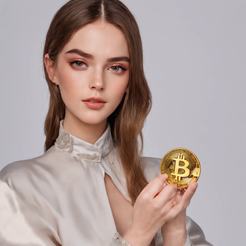 A cute girl holds a bitcoin in her hand