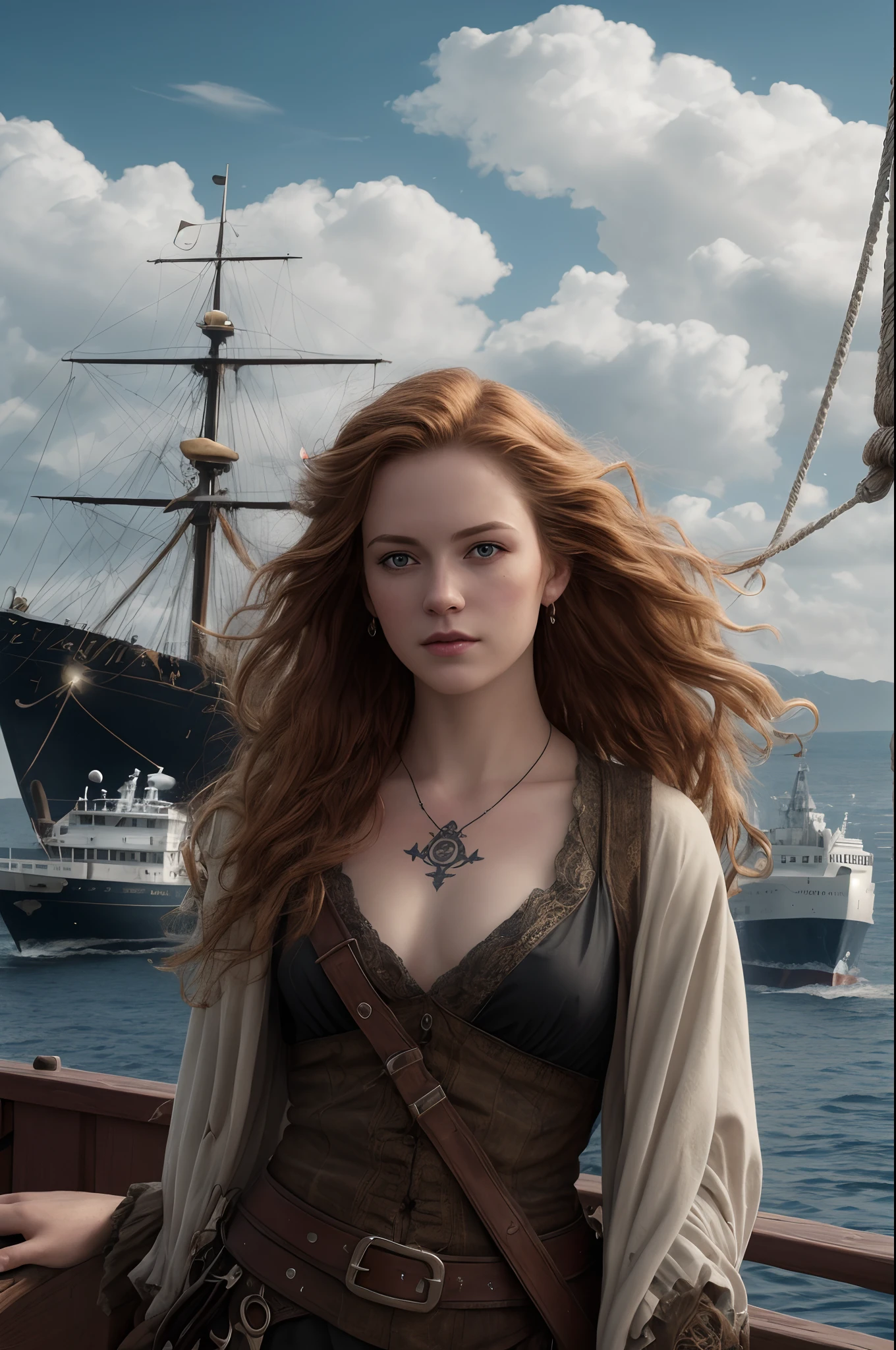 masterpiece, ultra detailed, 8K, Raw photo, Realistic light, Cinematic composition, skyscape with clouds, pirate cute woman, ginger windblown hair, backlighting, softu, dramatic lighting, in the harbor, 1850s, cinematic sea and ships, detailed face with scratches, cute sexy, Jolly Roger tattoo, amazing shadows, (highly detailed background: 1.0)