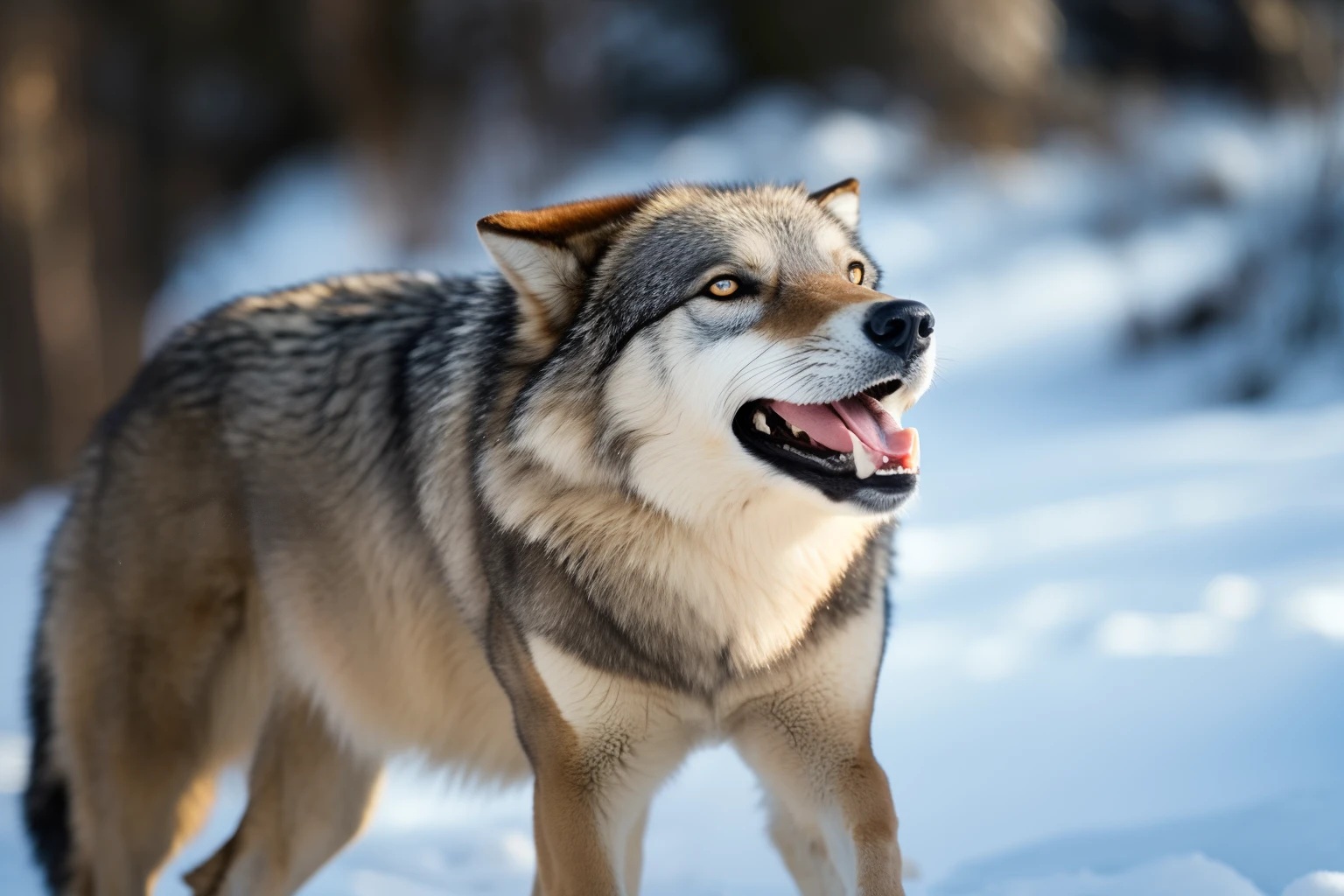There is a wolf that is standing in the snow with its mouth open, foto de lobo, Lobo em um campo de neve, Wolp, filme ainda de um rosnado, lobo, focinho de lobo correto, Lobos e seus tesouros, lobo, grande lobo, Rosnando, Retrato de um lobo, Rosnar, prominent jaw and visible fangs, ferocious appearance