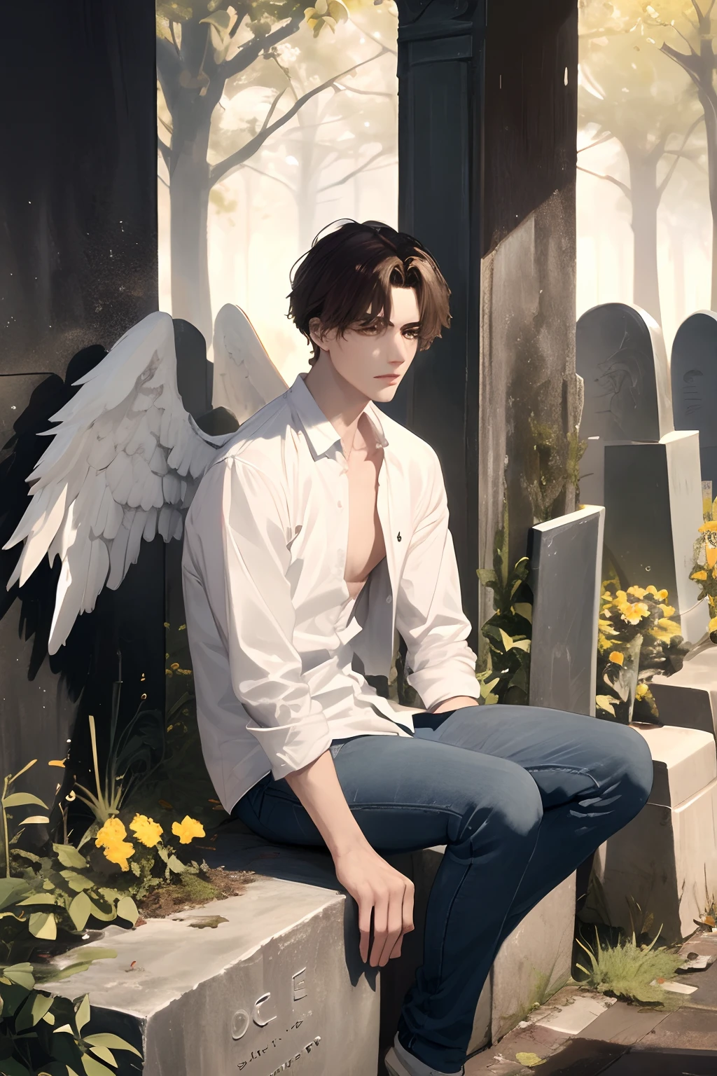 There is a man sitting in a tomb with angel wings, young wan angel, artwork in the style of guweiz, Fallen Angel, handsome guy in demon slayer art, Man with wings, by Yang J, angel of death, Handsome Anime Pose, by Shitao, full - body majestic angel, beautiful male god of death, detailed fan art, Cai Xukun's