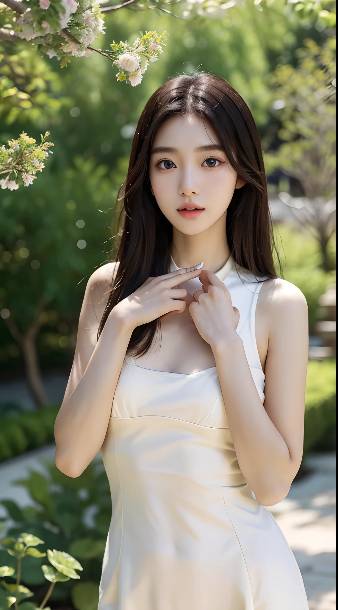((masterpiece:1.4)、(highest quality:1.4)、(realistic:1.7))、master piece:1.4、(Finest rendering:1.4), Ray Tracing, 64k, (shining Purple dress, long fluttering hair, radiant skin) is dancing gracefully in a field of Acacia trees, The scene is captured in an exquisite oil painting style with vibrant colors and meticulous brushstrokes. The sunlight gently filters through the delicate petals, casting a warm and dreamy atmosphere. The woman's eyes sparkle with joy and passion while her lips are adorned with a captivating smile. The intricate details of her dress shimmer with Purple hues, reflecting light and creating a sense of enchantment. The composition is framed by the graceful branches of the Acacia trees, adding depth and a touch of nature to the artwork. The overall image quality is of the highest standard, with ultra-detailed features and photorealistic rendering. The rich palette of colors, including shades of pink, Pink, and green, evokes a sense of beauty and serenity. The lighting in the painting is soft and natural, emphasizing the woman's elegant movements and enhancing the overall visual appeal, perfect body figure, (body figure: 36–24–36), Super round breast under dress, Sexy angles, Stylish looks, stylish Poses, full body close up shot,