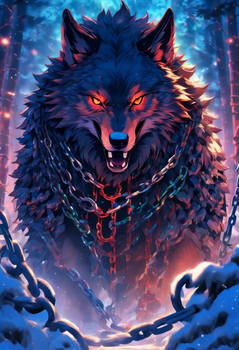 (((wolf bound by chains)))best quality, very high resolution, 4K detailed CG, master piece, Fenrir, wolf, chains, bound by chains, chained, tied to chains, snow, nordic, chain collar, collar, forest, Norse mythology, without an arm, Nordic tattoos, beautiful aesthetics, just one arm, Beautiful image, centered on the screen