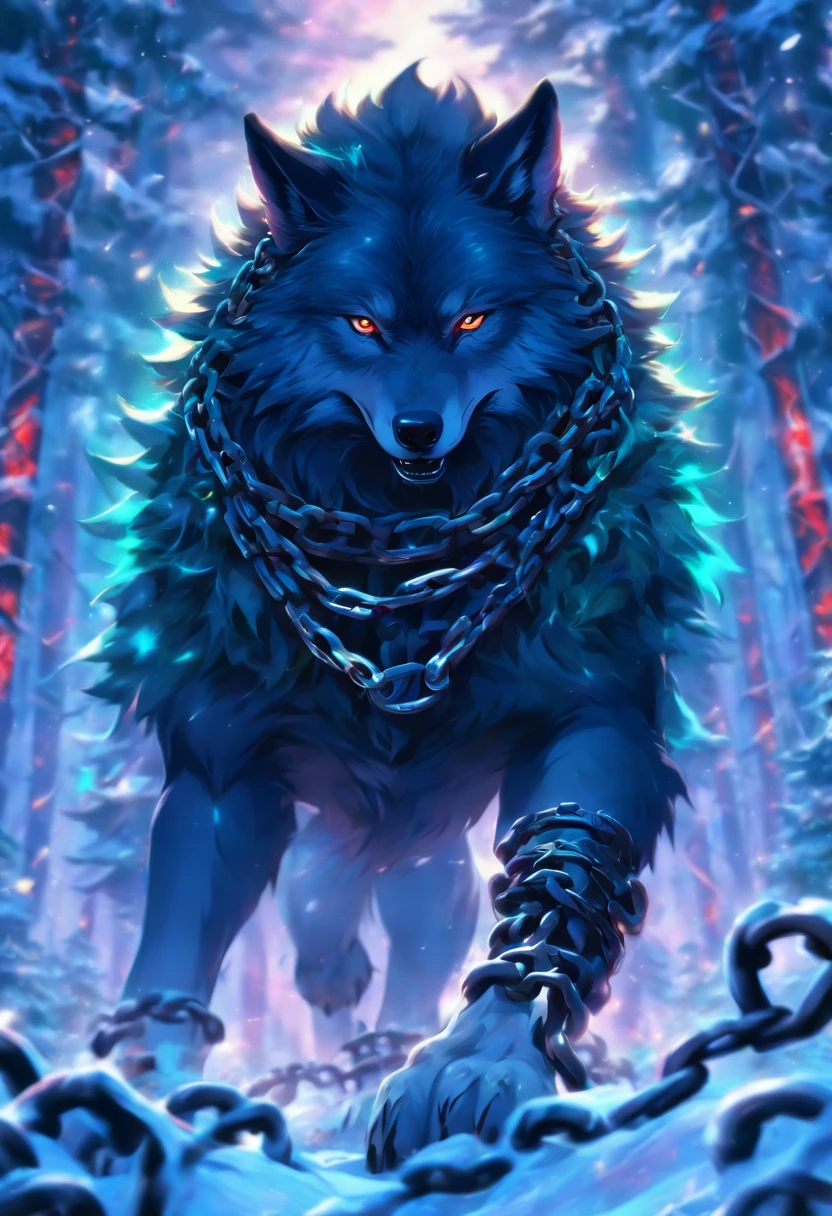 (((wolf bound by chains)))best quality, very high resolution, 4K detailed CG, master piece, Fenrir, wolf, chains, bound by chains, chained, tied to chains, snow, nordic, chain collar, collar, forest, Norse mythology, without an arm, Nordic tattoos, beautiful aesthetics, just one arm, Beautiful image, centered on the screen