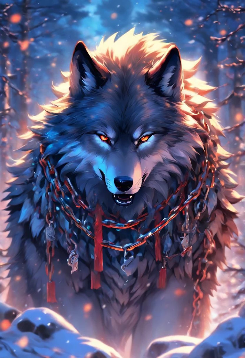 (((wolf bound by chains)))best quality, very high resolution, 4K detailed CG, master piece, Fenrir, wolf, chains, bound by chains, chained, tied to chains, snow, nordic, chain collar, collar, forest, Norse mythology, without an arm, Nordic tattoos, beautiful aesthetics, just one arm, Beautiful image, centered on the screen