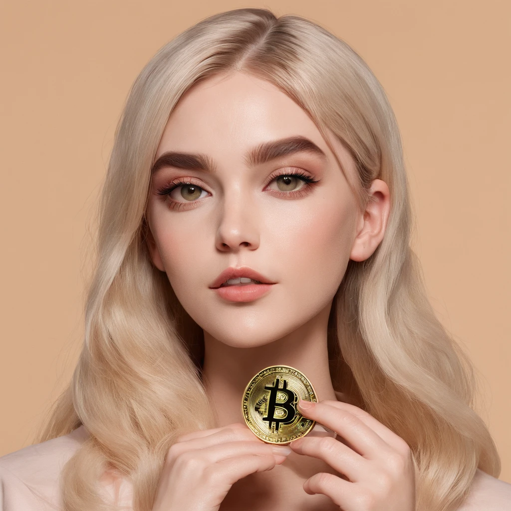 A cute girl holds a bitcoin in her hand, blonde haare, grauer hintergrund