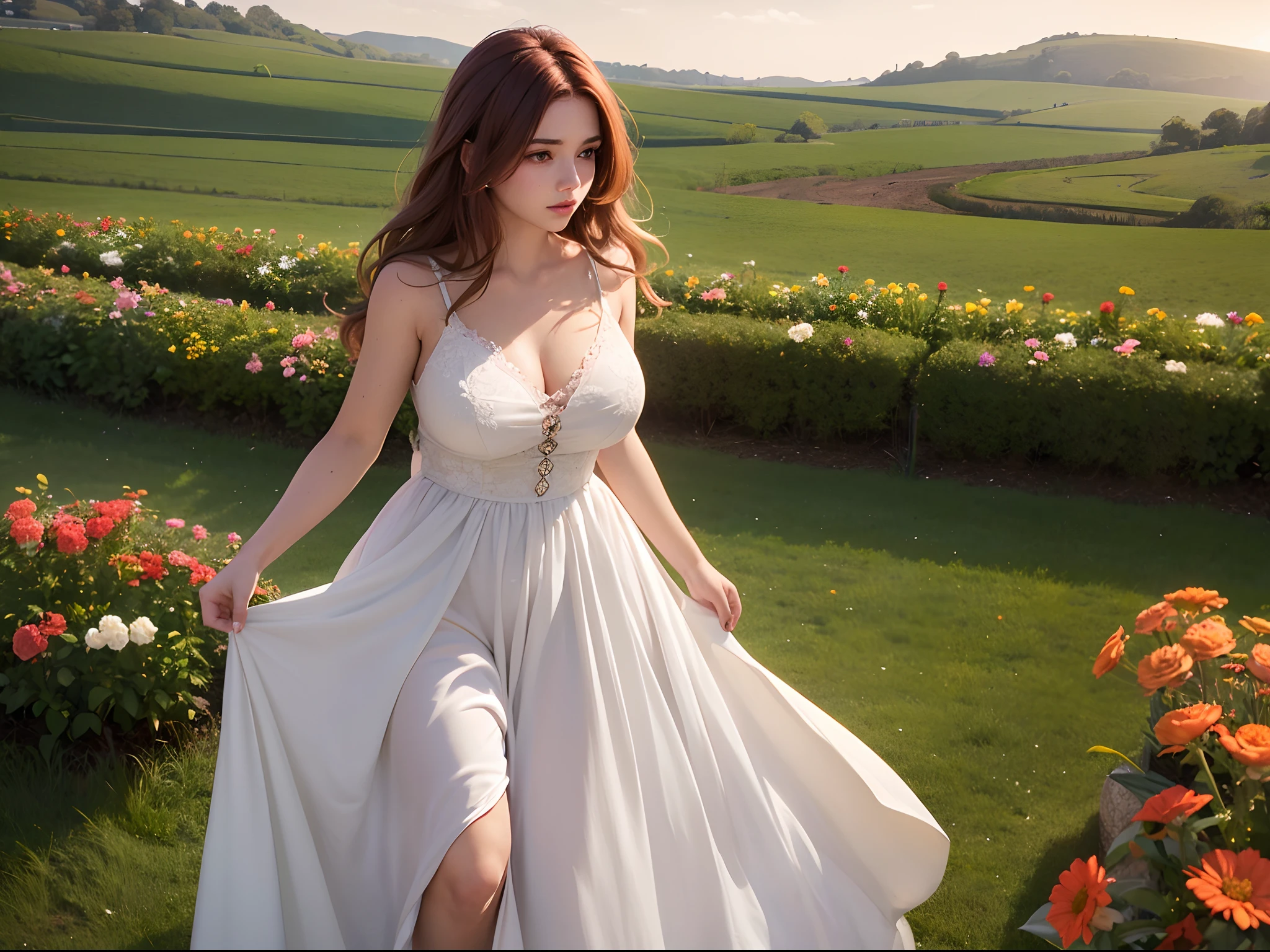 Luma is an elegant person, She is beautiful,Strong posture, Her breasts are well proportioned, Pear-shaped feminine silhouette, auburn hair, Long russet hair, She has expressive eyes, ( Only the eyes are olive green) Her skin is fair,There are some light-colored freckles on the cheekbones, Busty, Farm, Brown rustic clothes, boho outfit, Farm bohemian fashion clothing, romantic atmoshere, Fire lights, spark of light, Flowers wear cartoons with hair half straight and half curly ends