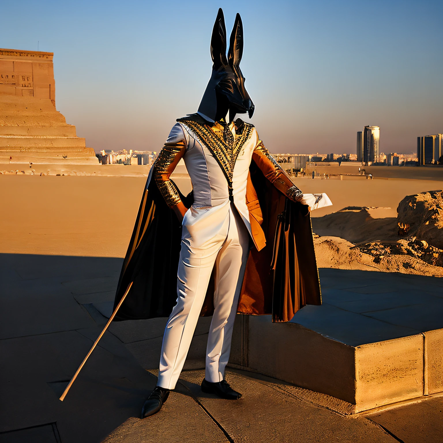 Amidst the bustling streets of a modern metropolis, a figure stands out, casting an imposing silhouette against the backdrop of skyscrapers. It's Anubis, the ancient Egyptian god of mummification and the afterlife. But he's not as you might expect from ancient hieroglyphs. This Anubis dons a sharp, tailored black suit, with a crisp white shirt peeking out, complemented by an obsidian tie. His signature jackal head remains, but with sleeker, polished black fur and piercing, golden eyes that seem to hold millennia of secrets.
People around him are caught in a mix of reverence and curiosity. Businessmen and women rush by, stealing glances, while tourists snap discreet photos. Instead of the traditional staff, he carries a modern leather briefcase. His shoes, polished to a mirror shine, click rhythmically on the pavement, merging the old world with the new.
Even in this ensemble, Anubis exudes an air of divine authority. Whispers fill the air - some recognize him as a figure from ancient tales, while the younger generation googles his visage, trying to place this deity in their digital world. As night approaches, the gleaming city lights play off his form, making him look as though he's stepped right out of history, reminding the world of its past while embracing its present.