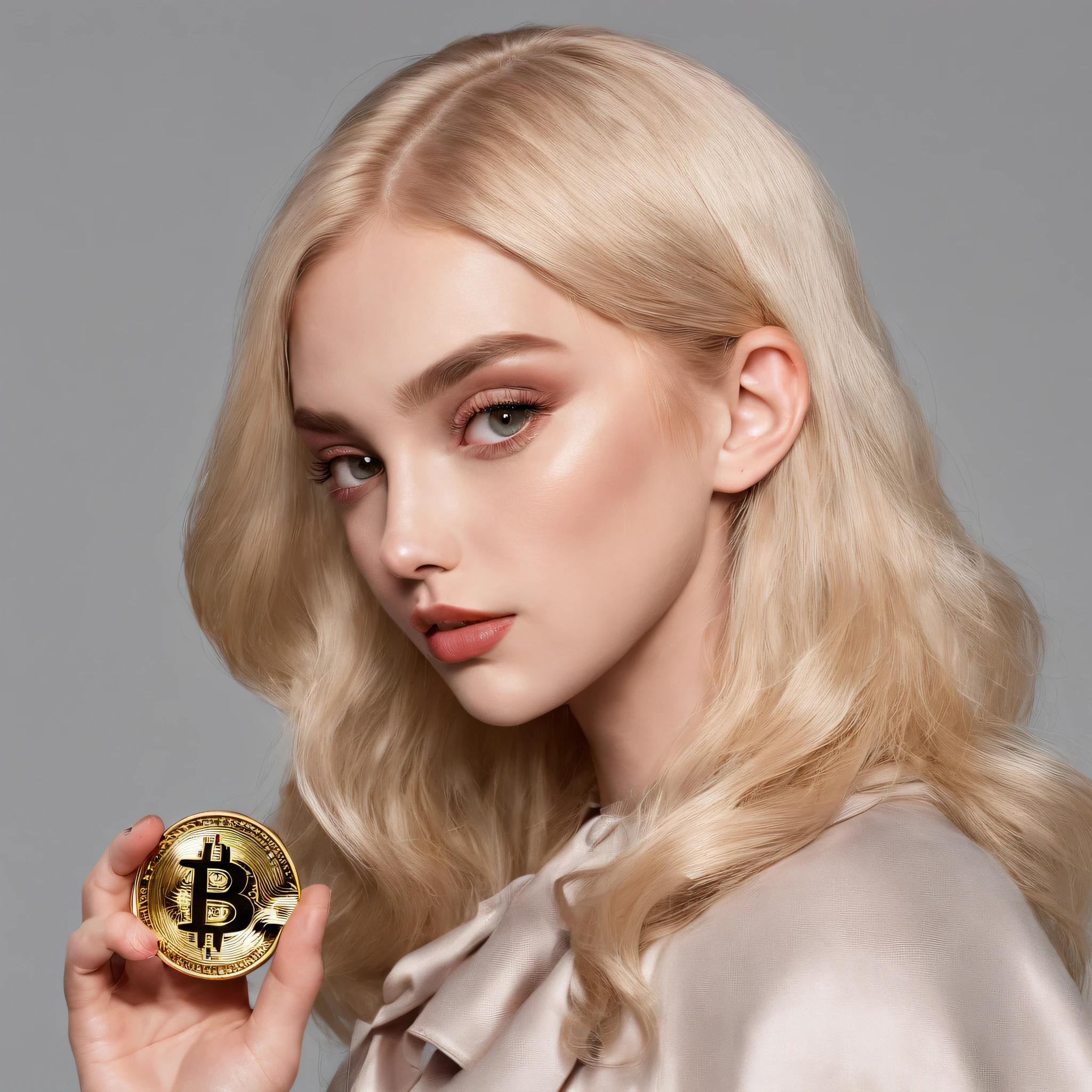 A cute girl holds a bitcoin in her hand, blonde haare, grauer hintergrund