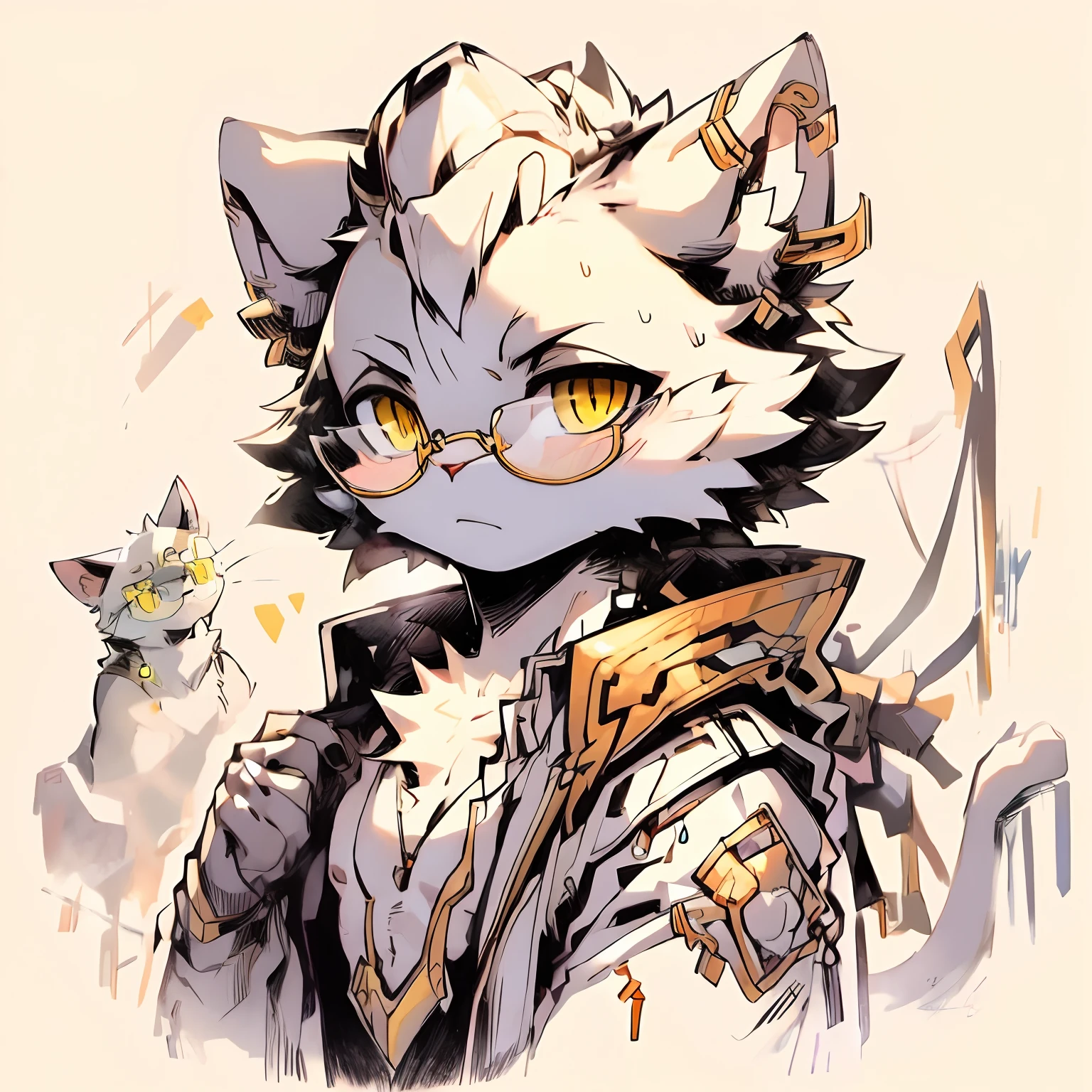 hairy chest,Male cats,Black and white fur,Golden eyes,Wearing gold wire glasses,