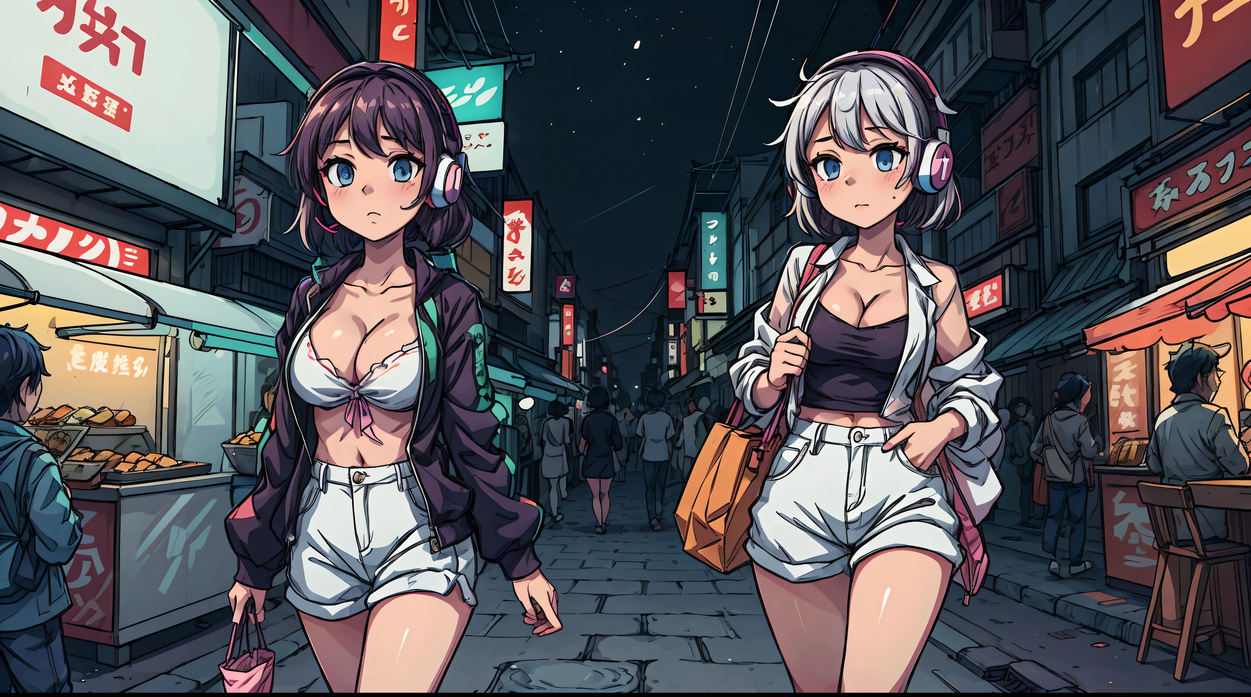 A sexy anime girl with headphones, glowing skin, and beautiful cleavage walking down a bustling street in Tokyo at night. The street is lined with neon lights, food stalls, and people from all walks of life.