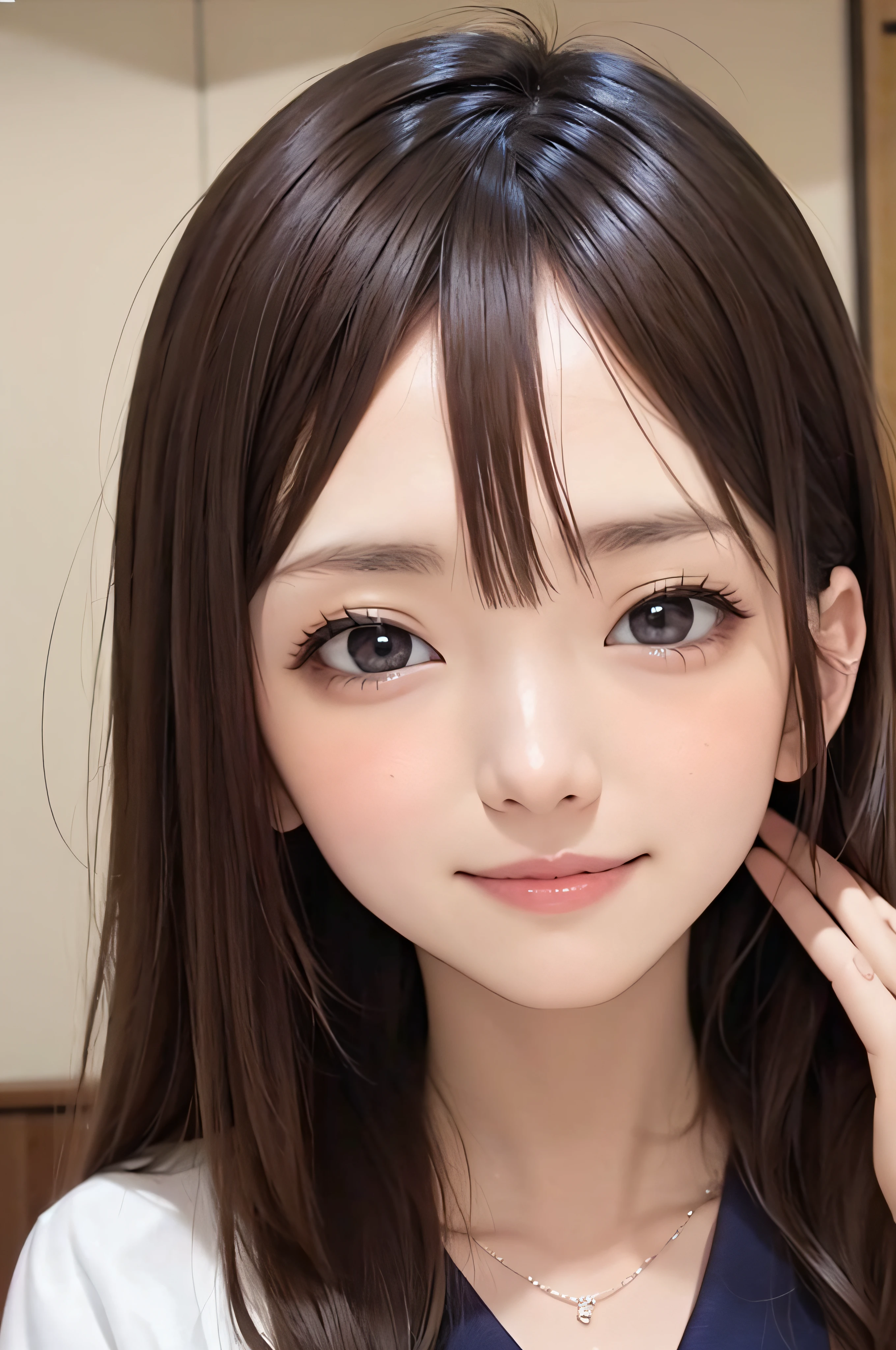 highest quality, realistic, 8K, High resolution, 1 girl, woman, (skin dents), (portrait:0.6), nice, ((white background, naked, small breasts:1.65)), (long brown hair, parted bangs:1.4), looking at the viewer, (1 girl eyes looking at the viewer:1.6), realistic, (Bokeh), (closed mouth, smile:1.3), nice, Pueros face_V1:1,