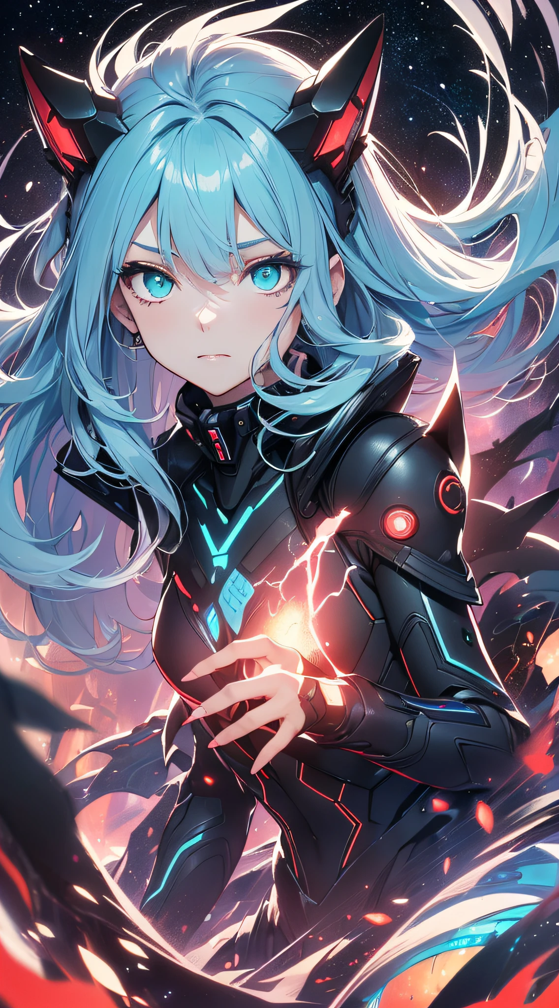 top-quality、Top image quality、masterpiece、Android Girl((, Cybersuit glowing black, red and white、Blue energy source for the chest,Best Bust、Bust 90、Light blue glowing hair、Longhaire,Cyber Skirt、Blue-green eyes、open chest wide、Valley、Happiness、A slender、Mysterious face、Drifting in the air,Particles of light、Sharp claw arm,battered body、mid air、Glowing eyes、Hold out your hands))hiquality、Beautiful Art、Background with((Fantastic Universe、Beautiful universe、Cosmix Pace))、masutepiece、Elaborate design、visualart、Theatrical films