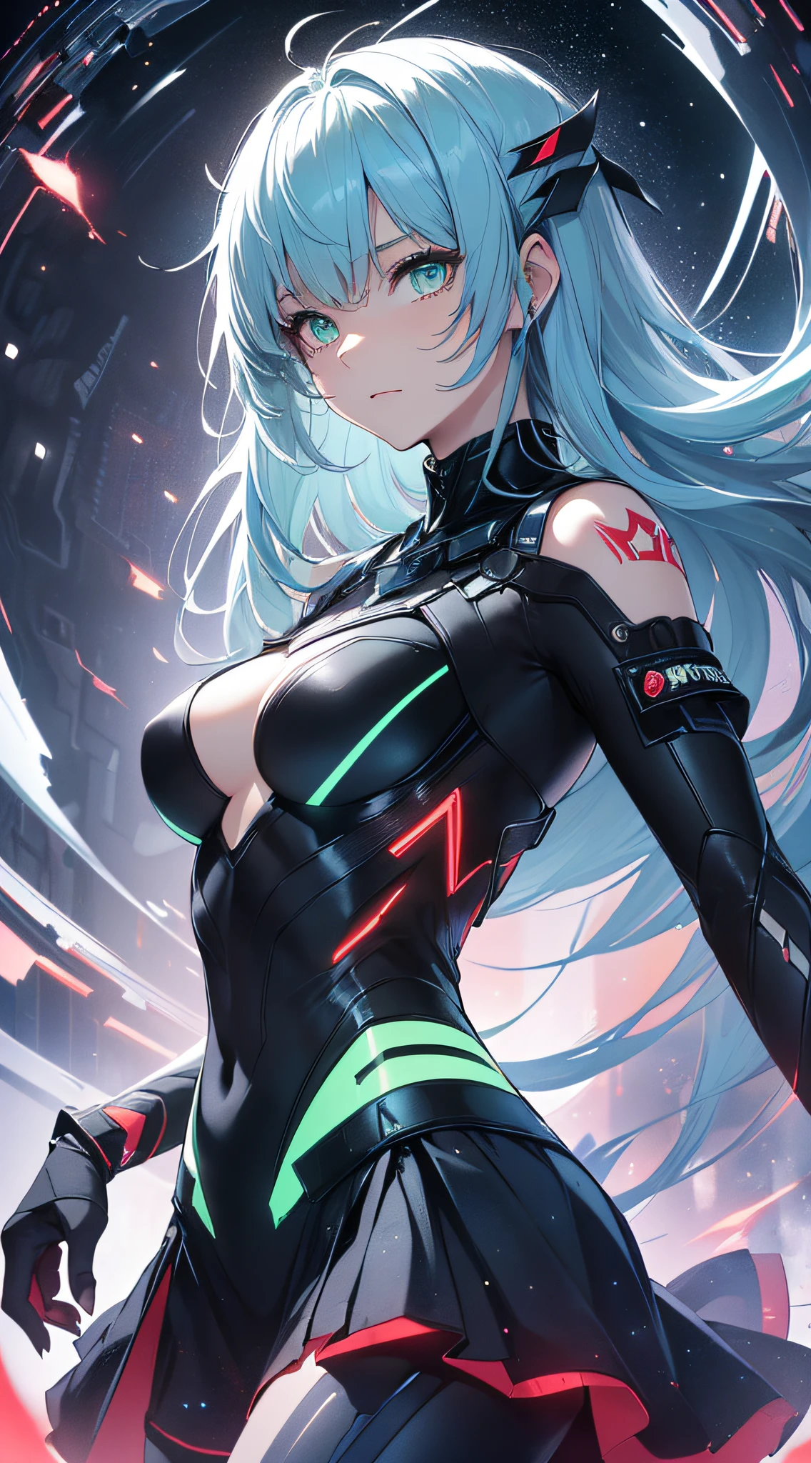 top-quality、Top image quality、masterpiece、Android Girl((sixteen years old, Cybersuit glowing black, red and white、Blue energy source for the chest,Best Bust、Bust 90、Light blue glowing hair、Longhaire,Cyber Skirt、Blue-green eyes、open chest wide、Valley、Happiness、A slender、Mysterious face、Drifting in the air,Particles of light、Sharp claw arm,battered body、mid air、Glowing eyes、Hold out your hands))hiquality、Beautiful Art、Background with((Fantastic Universe、Beautiful universe、Cosmix Pace))、masutepiece、Elaborate design、visualart、Theatrical films