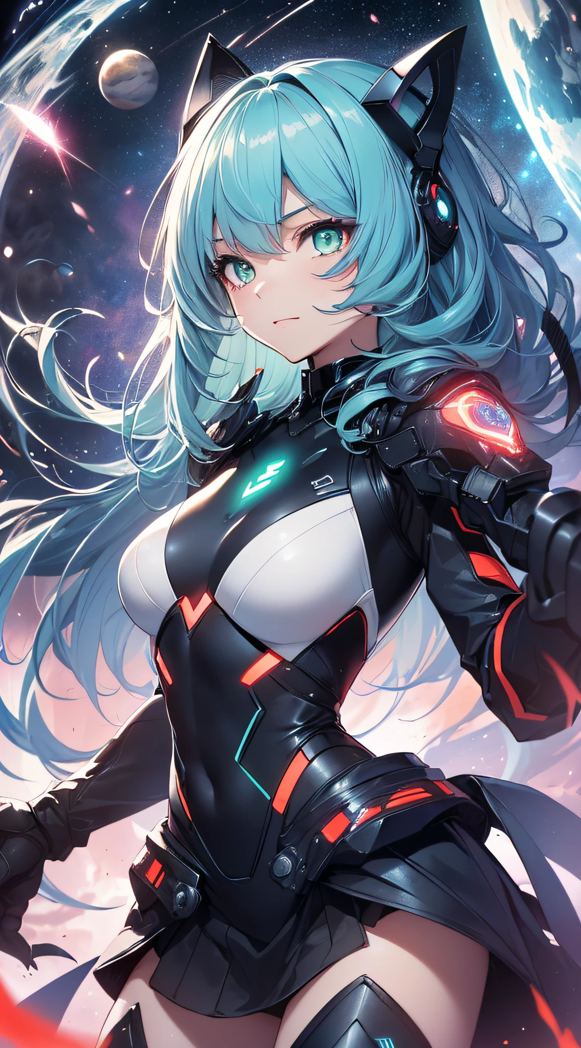 top-quality、Top image quality、masterpiece、Android Girl((sixteen years old, Cybersuit glowing black, red and white、Blue energy source for the chest,Best Bust、Bust 90、Light blue shiny hair、Longhaire,Cyber Skirt、Blue-green eyes、open chest wide、Valley、Happiness、A slender、Mysterious face、Drifting in the air,Particles of light、Sharp claw arm,battered body、mid air、Glowing eyes、Hold out your hands、Shout、Empower your audience))hiquality、Beautiful Art、Background with((Fantastic Universe、Beautiful universe、Cosmix Pace))、masutepiece、Elaborate design、visualart、Theatrical films