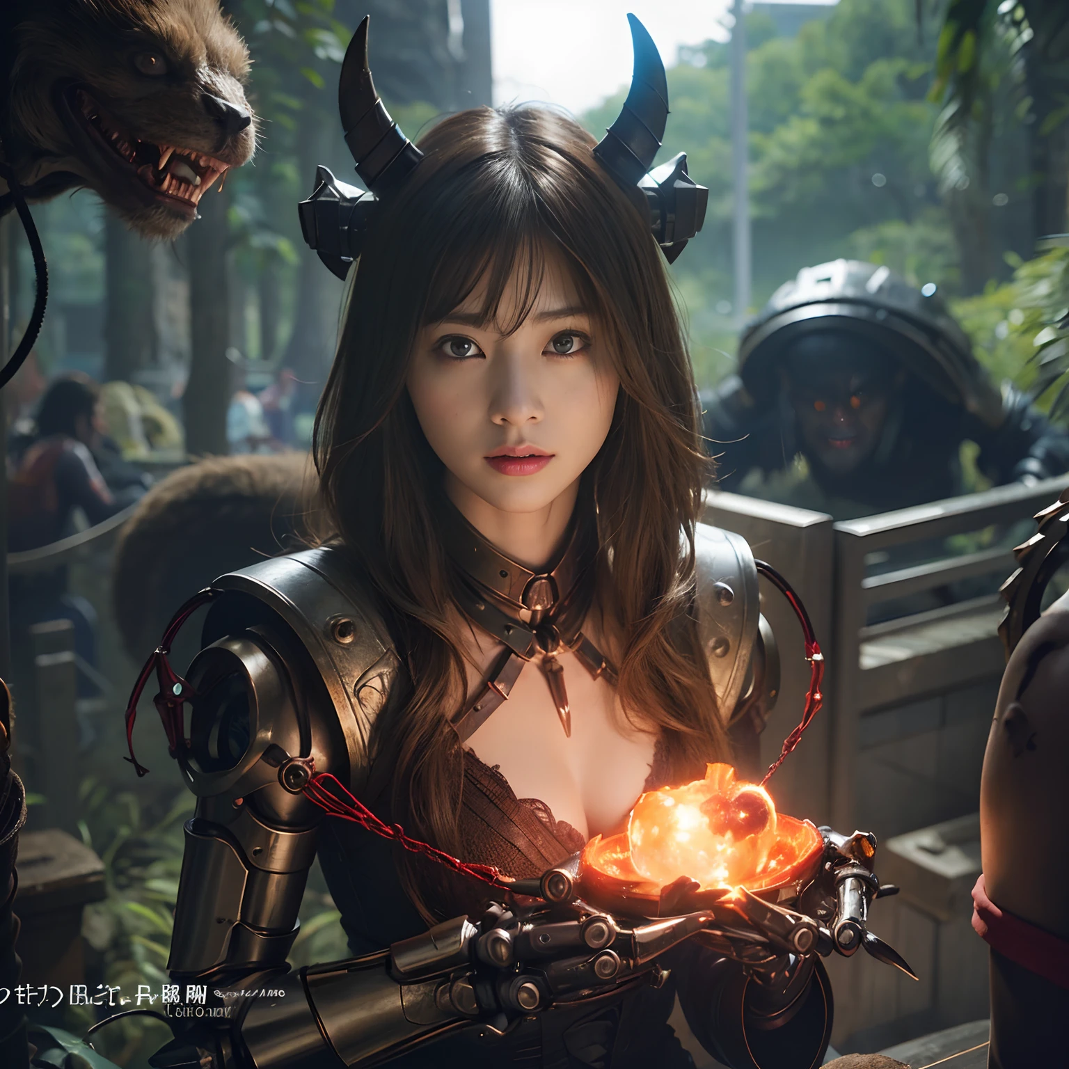 (1 Mechanical Girl)、top-quality、​masterpiece、超A high resolution、(Photorealsitic:1.4)、Raw photo、女の子1人、Fight mutants、glowy skin、(((1 Mechanical Girl)))、With a beautiful knife、（Yellow Metal Bodysuit）、(Kobold、ogre、Fierce battle with orcs),（Fight fiercely against aliens）、Fight fiercely、(beautiful forest background)、(Fighting Demonic Beasts)、(Small LED)、((super realistic details))、portlate、(Strong giant demon beast background),globalillumination、Shadow、octan render、8K、ultrasharp、Colossal tits、Raw skin is exposed in cleavage、metals、Details of complex ornaments、Japan details、highly intricate detail、Realistic light、(Mystical expression),CGSoation Trends、Red Eyes、radiant eyes、Facing the camera、neon details、(Mechanical limbs)、(blood vessels connected to tubes)、Mechanical vertebrae attached to the back、mechanical cervical attaching to neck、(Wires and cables connecting to the head)、Gundam、Small LED、,Mechanical thighs、Toostock、（Hands are also made of machines）、（Attack of the Monster Beasts）、（Wounded in a deadly battle）、