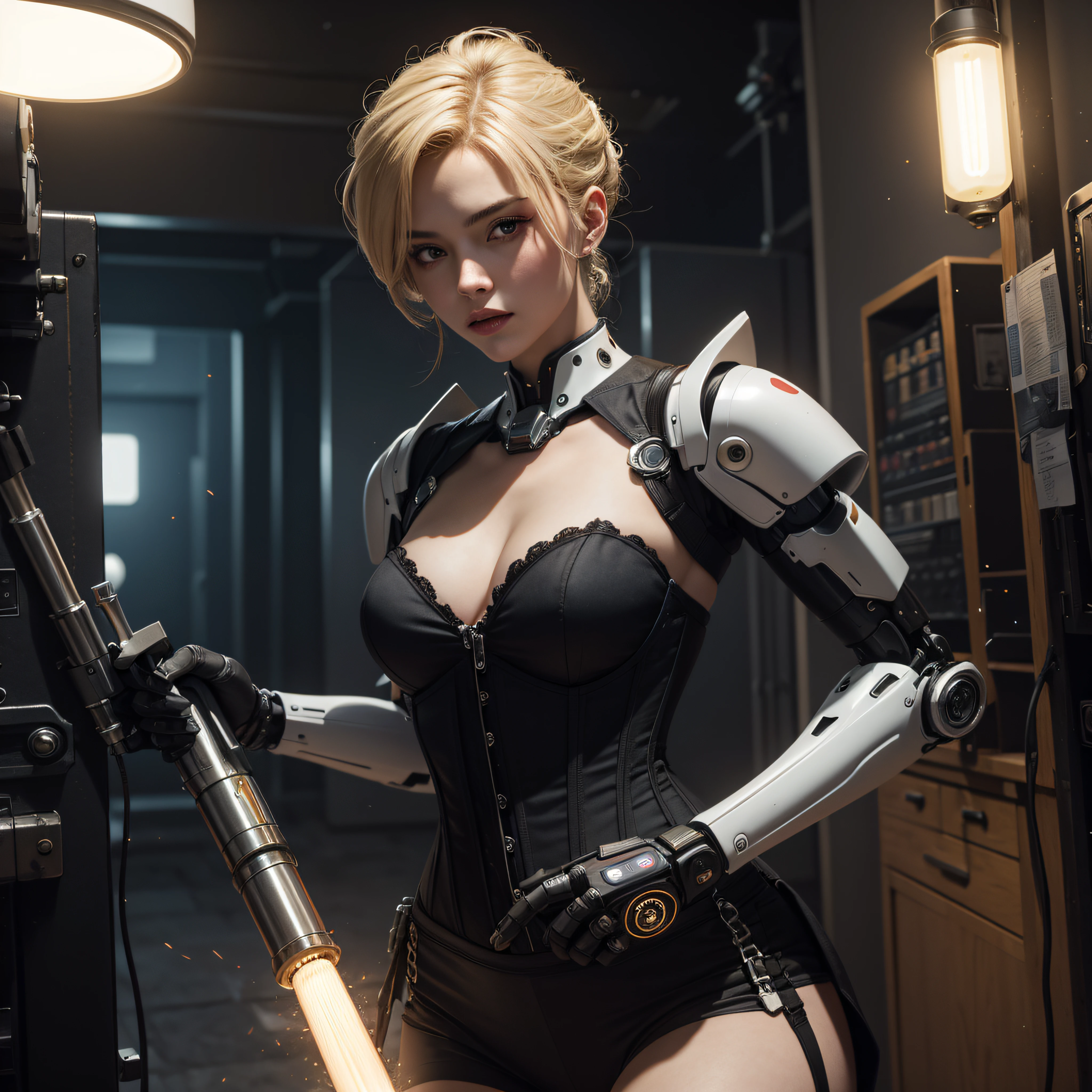((calidad superior)), ((obra maestra)), ((realista)), (Los detalles), (fotorrealista:1.5), Science-Fiction, HDR, Trazado de rayos, NVIDIA RTX, Los ultra-Highres, Irreal 5, Sub-Surface Scatterring, PBR texturizado, Post-procesamiento, Anisotropic filtering, Profundidad de campos, maximum sharpness and sharpness, Regla de los tercios、8K RAW、(Luminescent Particles:1.4)、(super-detailed CG、Unidad 8k Fondos de pantalla、lighting like a movie、destello de lente、foco nítido. Blonde girl with corset, Robotic Parts, Cannon fire, guerra urbana, Armas, pistola, Arte cyberpunk、arquitectura cyberpunk