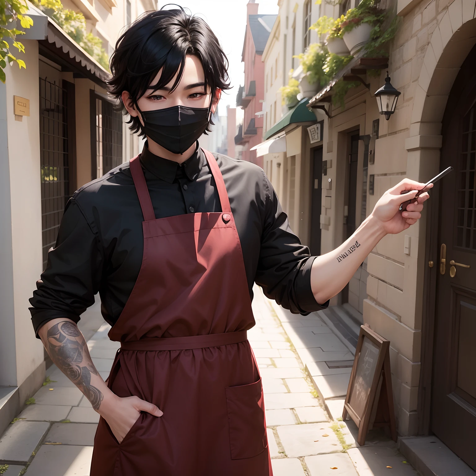 1boy, black hair, Black shirt, ((maroon apron)), brown trousers, black mask, masterpiece, park, outdoor , standing, Friendly, smile, masterpiece