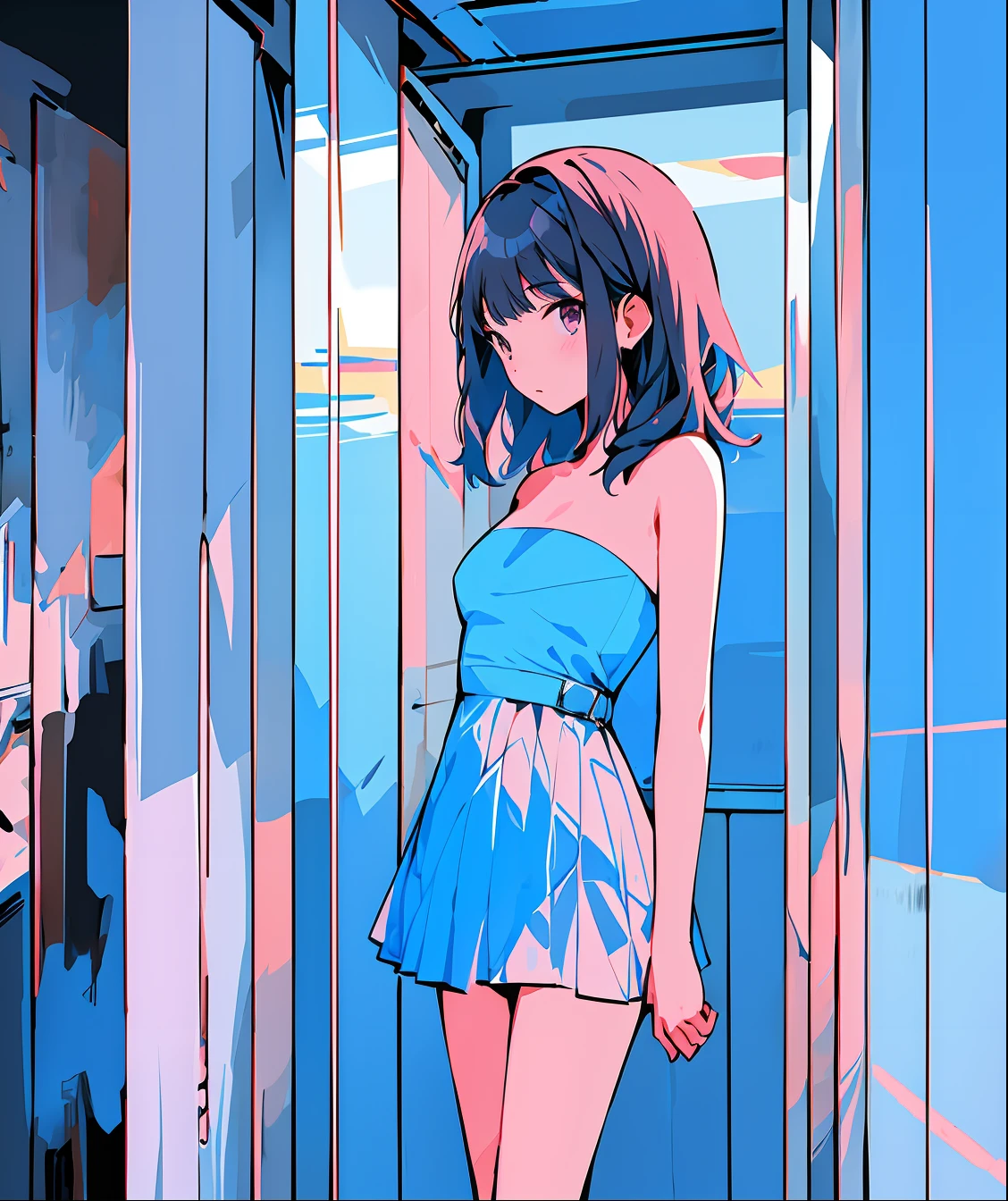 best quality,master piece,blue and pink,1 girl, underwaterï¼whale, strapless dress