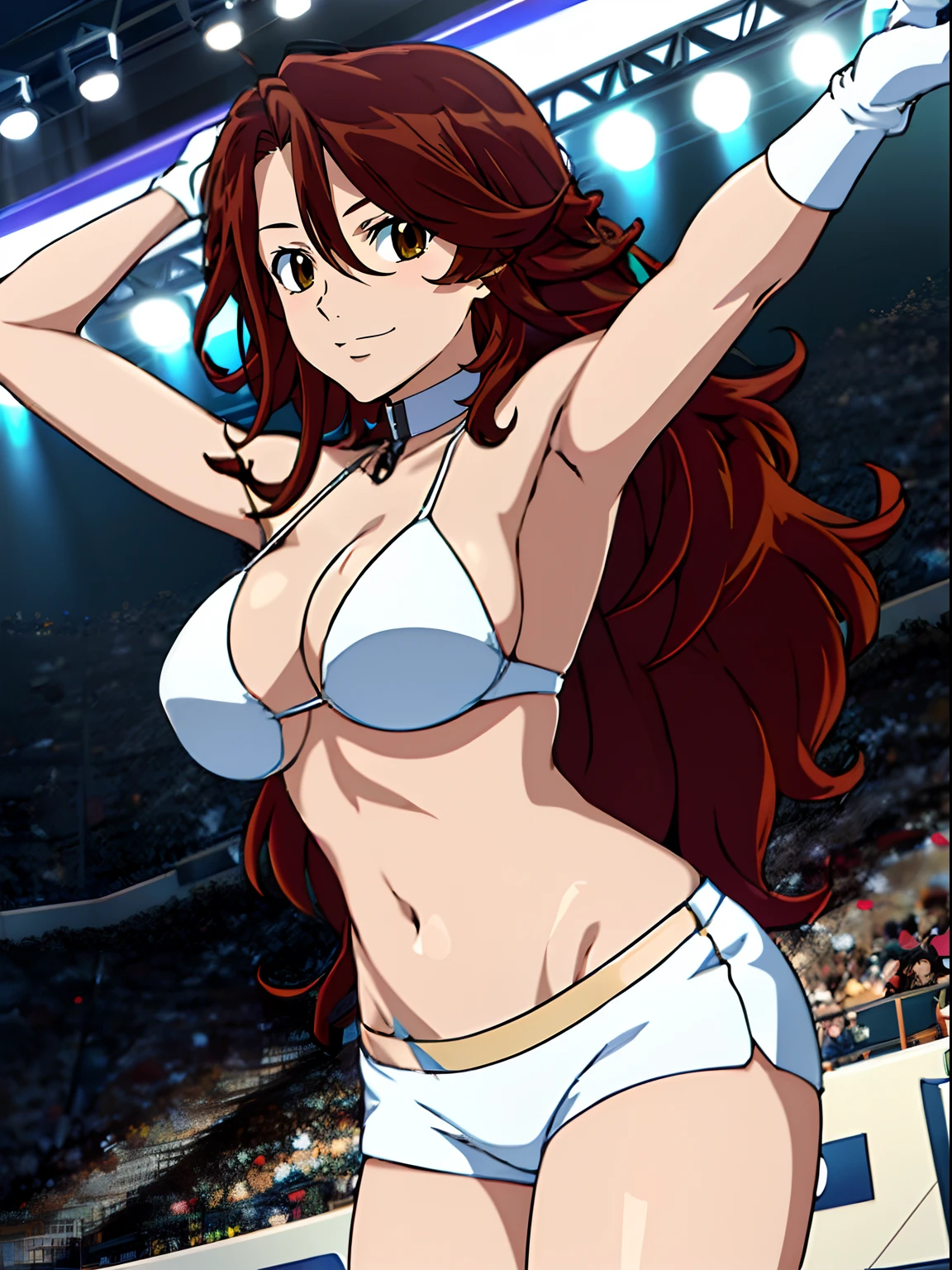 selfie shot, body view, anime style: 1.8, anime drawing, ultra detailed face, ultra detailed body, , 4k, Sumergai Lee Noriega, (standing), best quality, anime style, hires, highest definition, digital blending, bold drawing lines, ((slim waist, female wrestler), (location: wrestling arena, crowds watching), ( slim body, athletic , little biceps, thighs, off-shoulders, (curvy: 6.8), lighting, spot lights, very shiny skin), ((white bikini, shorts, groin, , white gloves, collar, belt)), victorious, winner, , (very big round breasts, smile), (big eyes, brown eyes), (clapping), (brown hair, loose hair, curly hair, wavy hair, long hair, missy hair), 27 years old, (dancing)