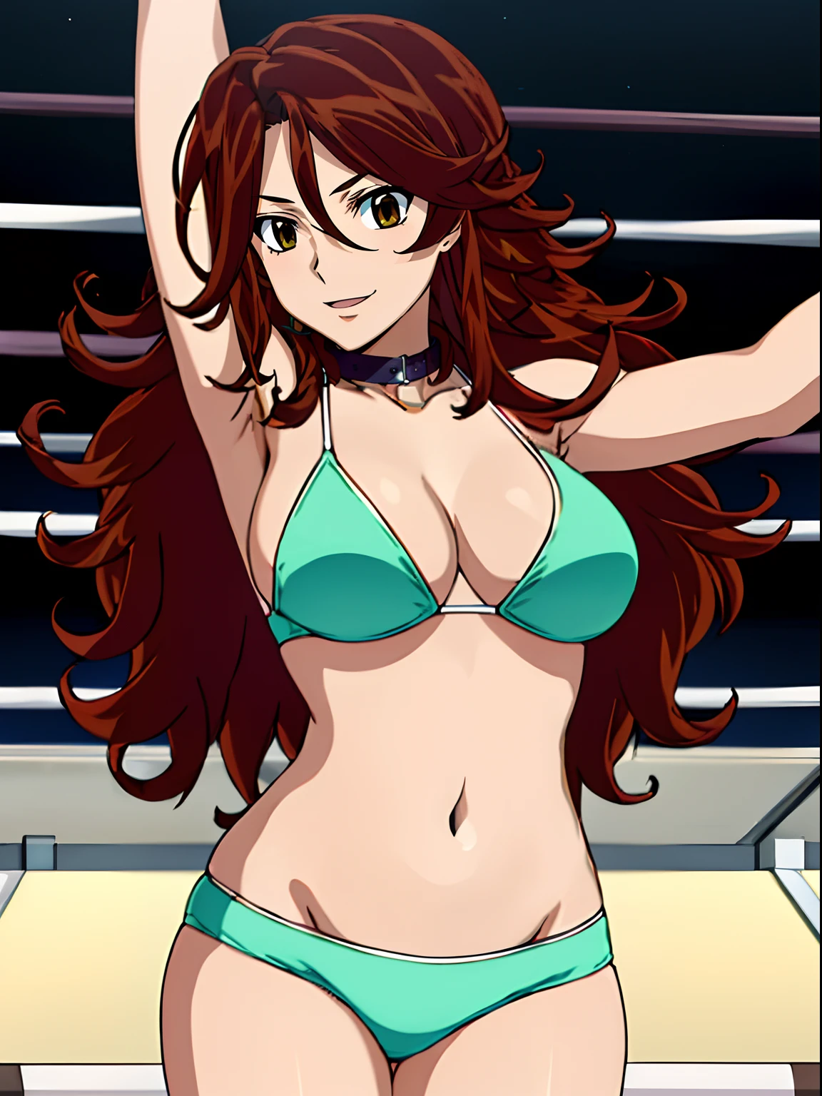 selfie shot, body view, anime style: 1.8, anime drawing, ultra detailed face, ultra detailed body, , 4k, Sumergai Lee Noriega, (standing), best quality, anime style, hires, highest definition, digital blending, bold drawing lines, ((slim waist, female wrestler), (location: wrestling arena, crowds watching), ( slim body, athletic , little biceps, thighs, off-shoulders, (curvy: 6.8), lighting, spot lights, very shiny skin), ((white bikini, shorts, groin, , white gloves, collar, belt)), victorious, winner, , (very big round breasts, smile), (big eyes, brown eyes), (clapping), (brown hair, loose hair, curly hair, wavy hair, long hair, missy hair), 27 years old, (dancing)