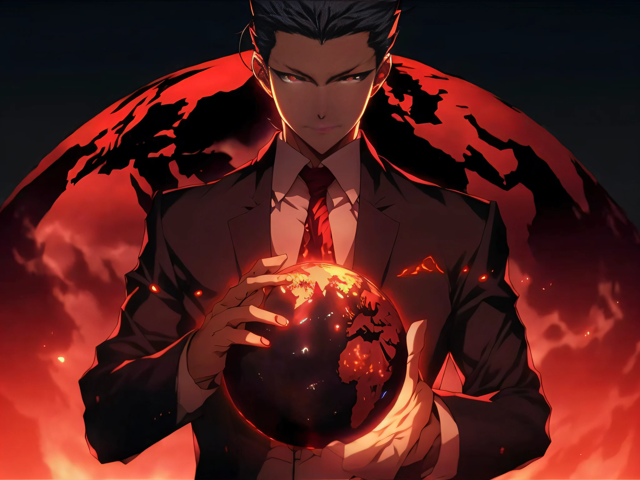 Anime man in suit holding a glowing globe in front of red background, fate zero, handsome guy in demon killer art, fate/Zero, fate / stay night, fate stay night, inspired by Munakata Shikō, handsome japanese demon boy, offcial art, with red glowing eyes, anime style like fate/stay night, fate grand order