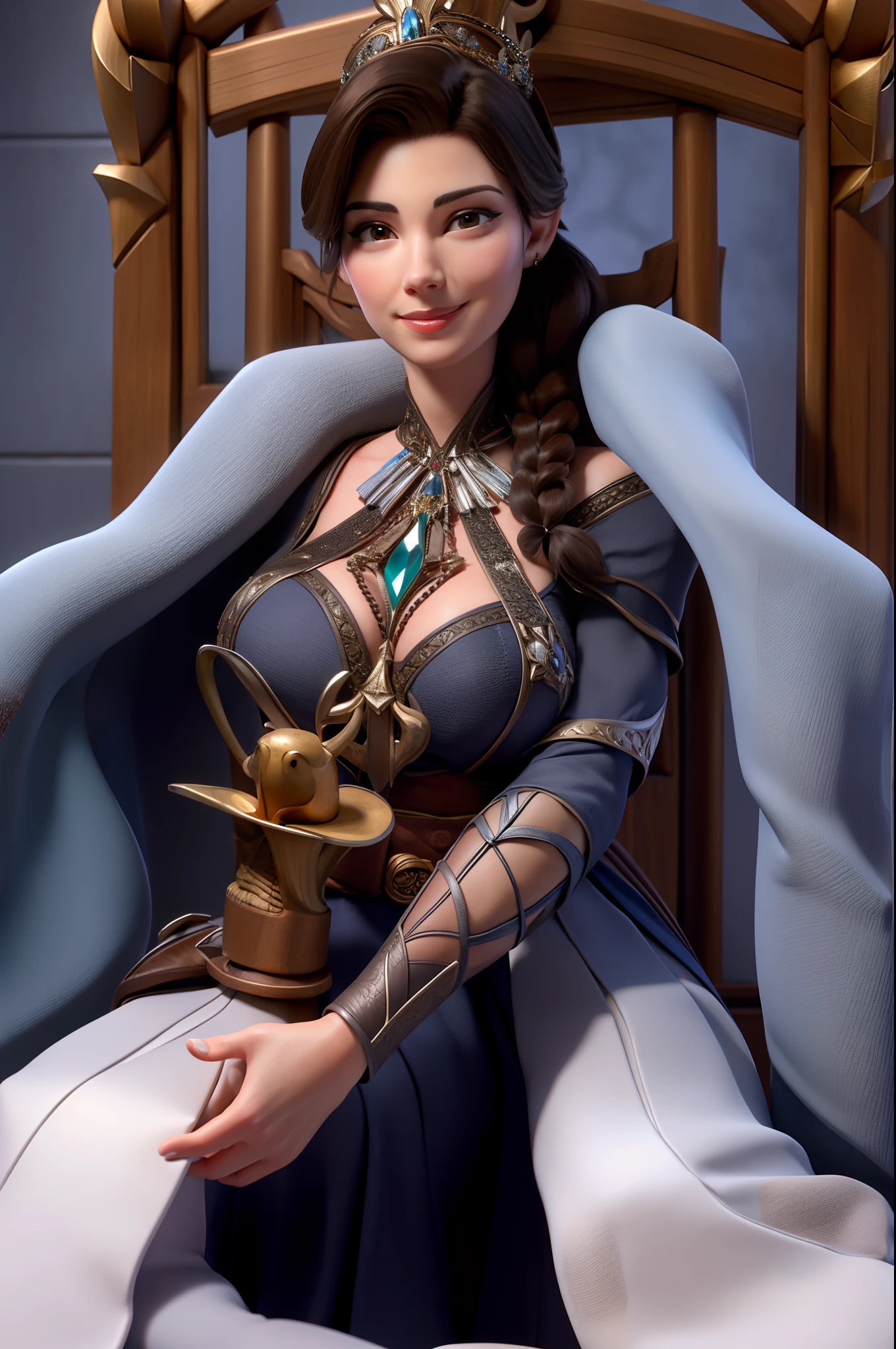 Best quality, realistic, award-winning illustration, (tricky detail: 1.2), (fine detail), (tricky detail), (cinematic lights, best quality), sharp lines, sharp focus, official artwork, 16k, A beautiful woman with a smiling face, with a dark brown hair stylized in a high braided bun, wearing a dark blue medieval dress, elvish royalty, standing on a low detail throne room background, a beautiful mature woman, hands resting on her sides, character design by George Lucas style, full body shot, wide dutch angle