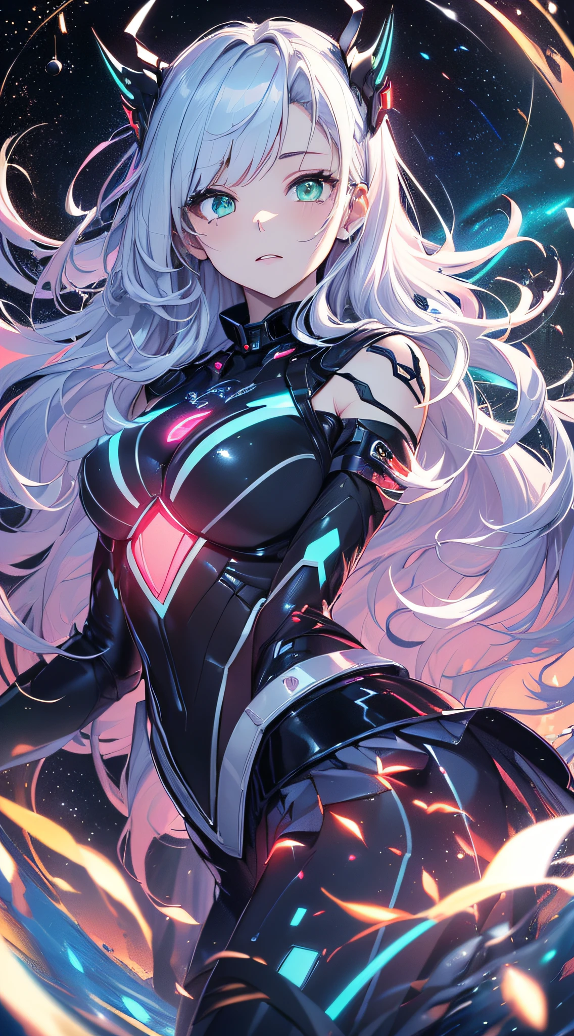 top-quality、Top image quality、masterpiece、Android Girl((sixteen years old, Cybersuit glowing black, red and white、Blue energy source for the chest,Best Bust、Bust 90、Light blue shiny hair、Longhaire,Cyber Skirt、Blue-green eyes、open chest wide、Valley、Happiness、A slender、Mysterious face、Drifting in the air,Particles of light、Sharp claw arm,battered body、mid air、Glowing eyes、Hold out your hands、Shout、Empower your audience))hiquality、Beautiful Art、Background with((Fantastic Universe、Beautiful universe、Cosmix Pace))、masutepiece、Elaborate design、visualart、Theatrical films