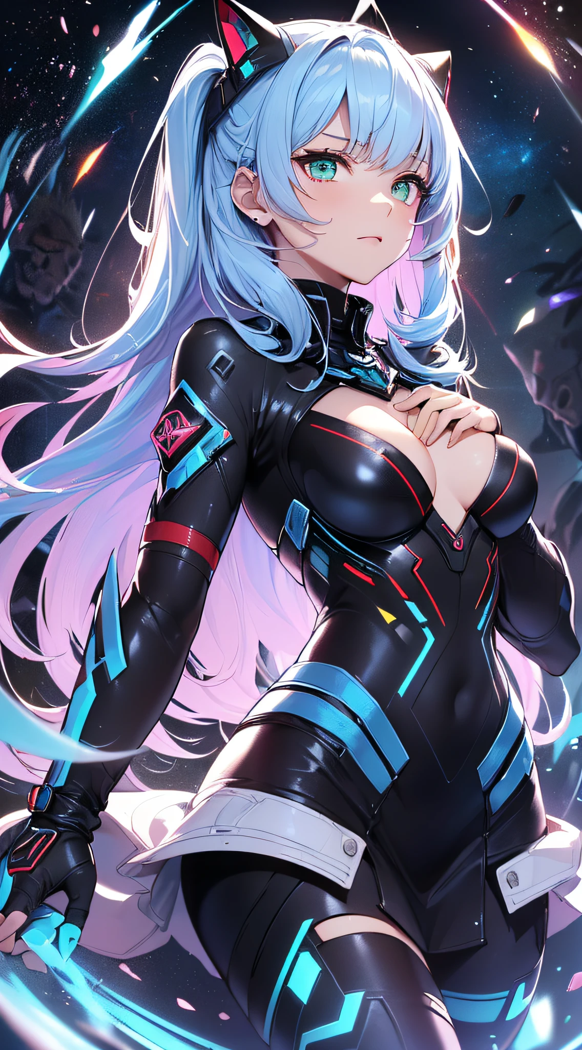 top-quality、Top image quality、​masterpiece、Android Girl((sixteen years old, Cybersuit glowing black, red and white、Blue energy source for the chest,Best Bust、Bust 90、Light blue shiny hair、Longhaire,Cyber Skirt、Blue-green eyes、open chest wide、Valley、Happiness、A slender、Mysterious face、Drifting in the air,Particles of light、Sharp claw arm,battered body、mid air、Glowing eyes、Hold out your hands、Shout、Empower your audience)）hiquality、Beautiful Art、Background with((Fantastic Universe、Beautiful universe、Cosmix Pace))、masutepiece、Elaborate design、visualart、Theatrical films