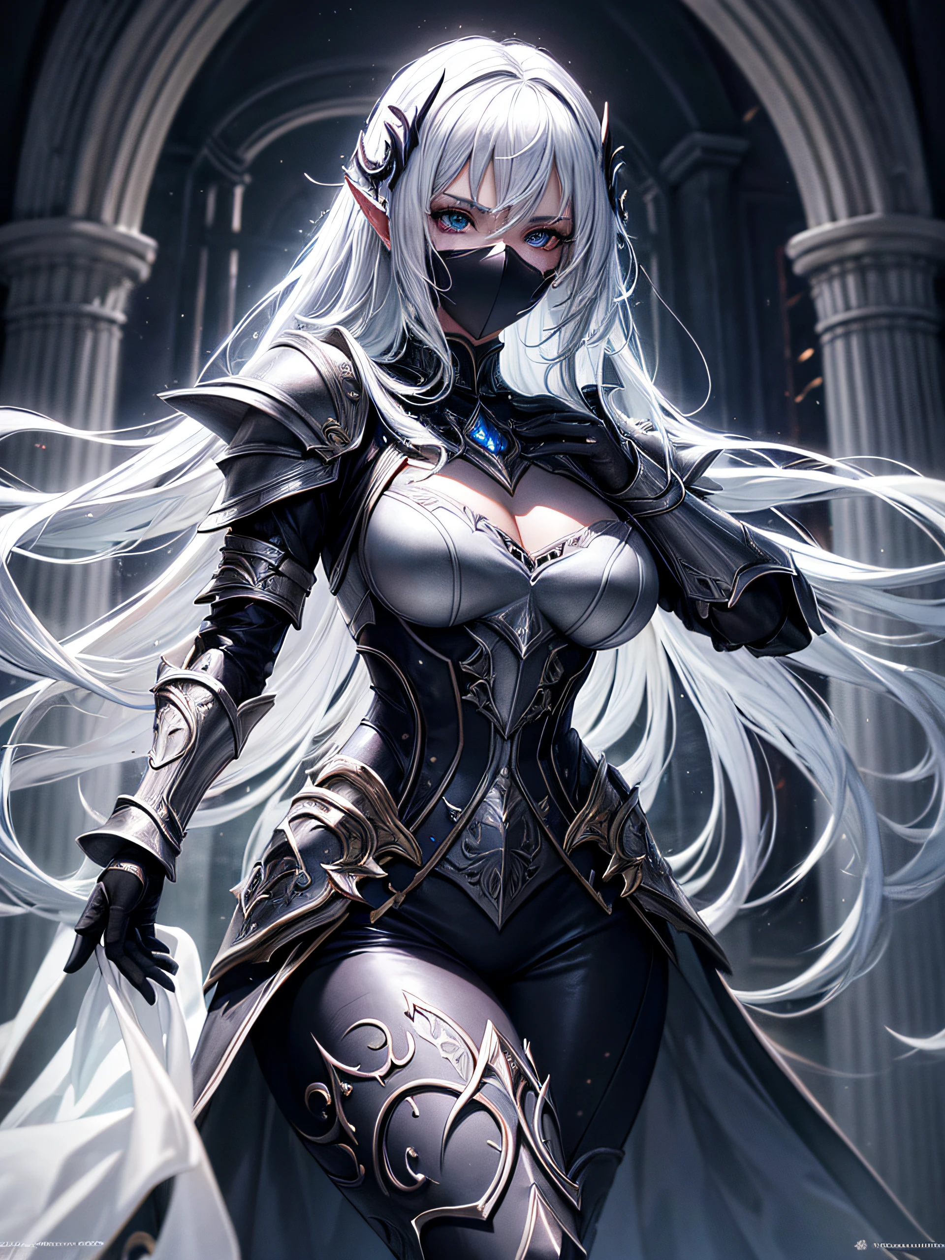 Top Quality, Photorealistic, 8K, High Definition, absurd res, high res, ultra sharp, masterpiece, (masterpiece), best quality, expressive eyes, perfect face, Super eyes, masterpiece, highly detailed exquisite character art, epic fantasy digital art style, detailed digital 2d fantasy art, there is a woman in a black and white costume with a mask, cinematic goddess close shot, with a light leather armor, beautiful dark elf countess, but the armor covers her face, clothed in ethereal battle armor, photogenic details on armor, pearlescent skin, clothed in ethereal armor, flowing robes and leather armor, detailed armor with white scarf