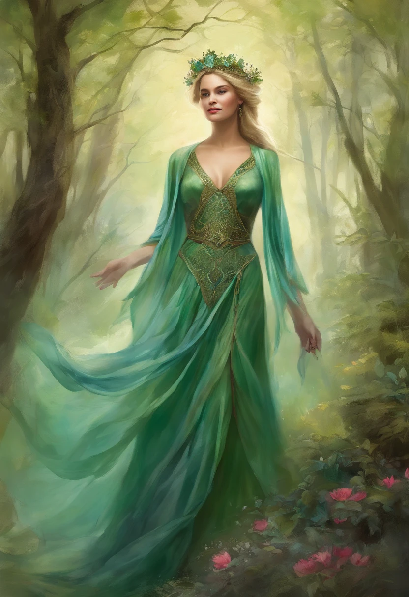 long flowing fabric for dresses, Clear Face Magary Villeneuve, magali villeneuve, inspired by Magali Villeneuve, graphic artist magali villeneuve, magali villeneuve and monet, charlie bowater and artgeem, Charlie Bauer and Tom Bagshaw, Darius Zawacki and Tom Bagshaw、goddess of the forest、Ancient costume in green、crown of flowers on the head,、Smile gently、Walking、a blond、lots of trees、Bright forest、Somi、Tall lady、blue eyess