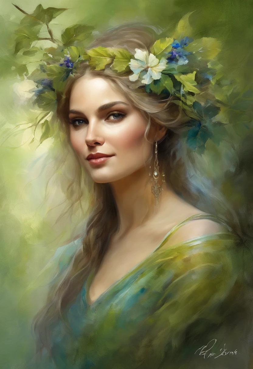 long flowing fabric for dresses, Clear Face Magary Villeneuve, magali villeneuve, inspired by Magali Villeneuve, graphic artist magali villeneuve, magali villeneuve and monet, charlie bowater and artgeem, Charlie Bauer and Tom Bagshaw, Darius Zawacki and Tom Bagshaw、goddess of the forest、Ancient costume in green、crown of flowers on the head,、Smile gently、Walking、a blond、lots of trees、Bright forest、Somi、Tall lady、blue eyess