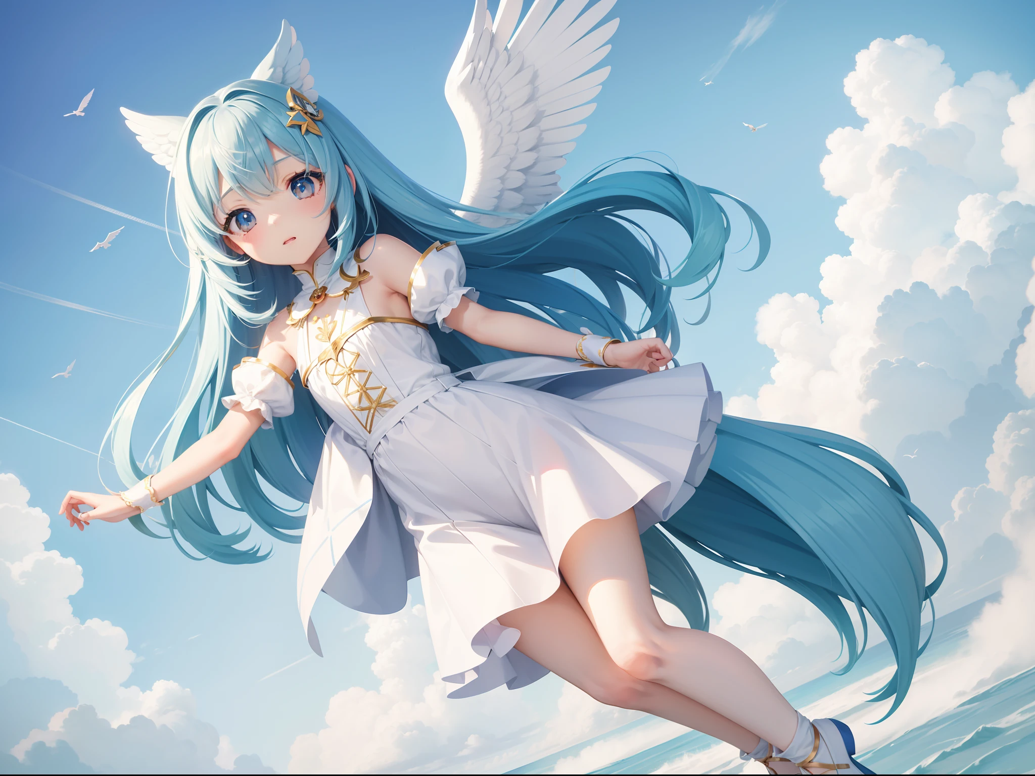 Girl Character With the Wings of an Angel、mont々Visible flying in the sky。long hair with blue hair((Chibi Chara))、Fluffy、girl with、Chibi Chara、full body Esbian、Pastel colors hair、masutepiece、top-quality、Large in the center