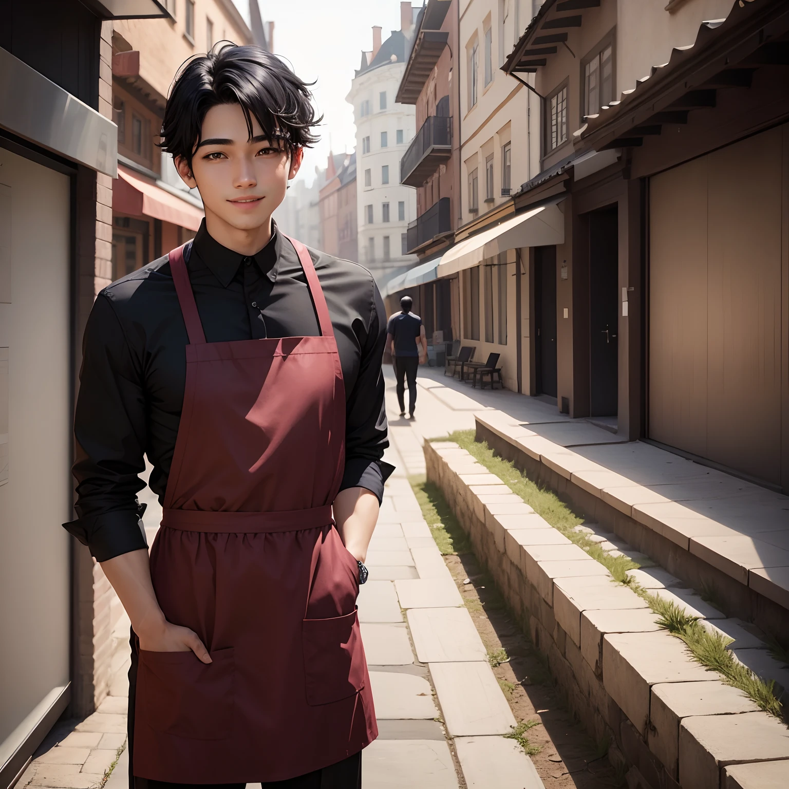 1boy, black hair, Black shirt, ((maroon apron)), brown trousers, masterpiece, park, outdoor , standing, Friendly, smile, masterpiece, full body