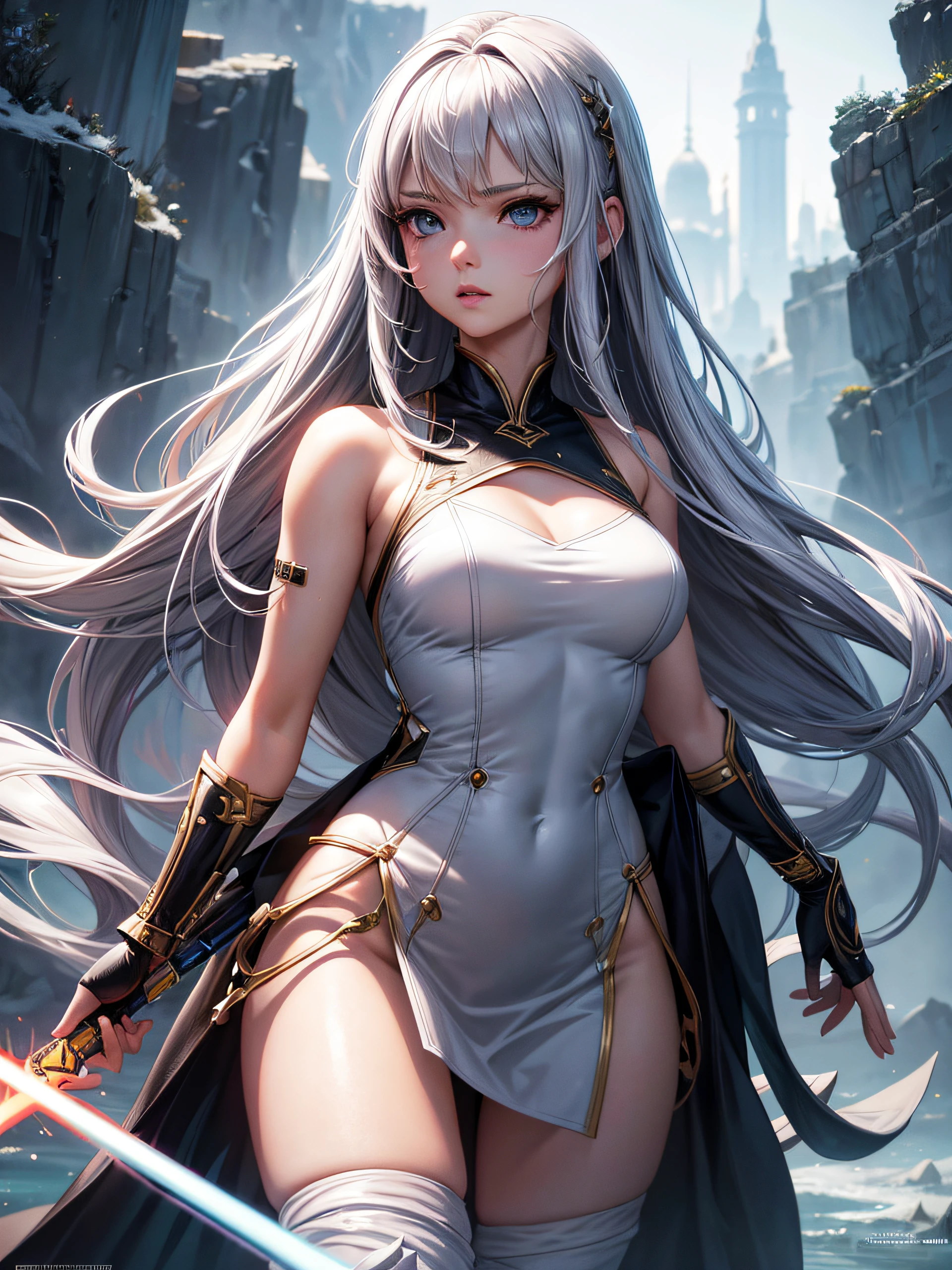 Top Quality, Photorealistic, 8K, High Definition, absurd res, high res, ultra sharp, masterpiece, (masterpiece), best quality, expressive eyes, perfect face, Super eyes, masterpiece, highly detailed exquisite character art, epic fantasy digital art style, detailed digital 2d fantasy art, anime girl in a white dress standing in front of a man, holding a lightsabre. splash art, kda, range murata and artgerm, by Jang Seung-eop, promo art, faye valentine, trending on cgstation, by Daryush Shokof, background artwork, artgerm jsc, by Shitao