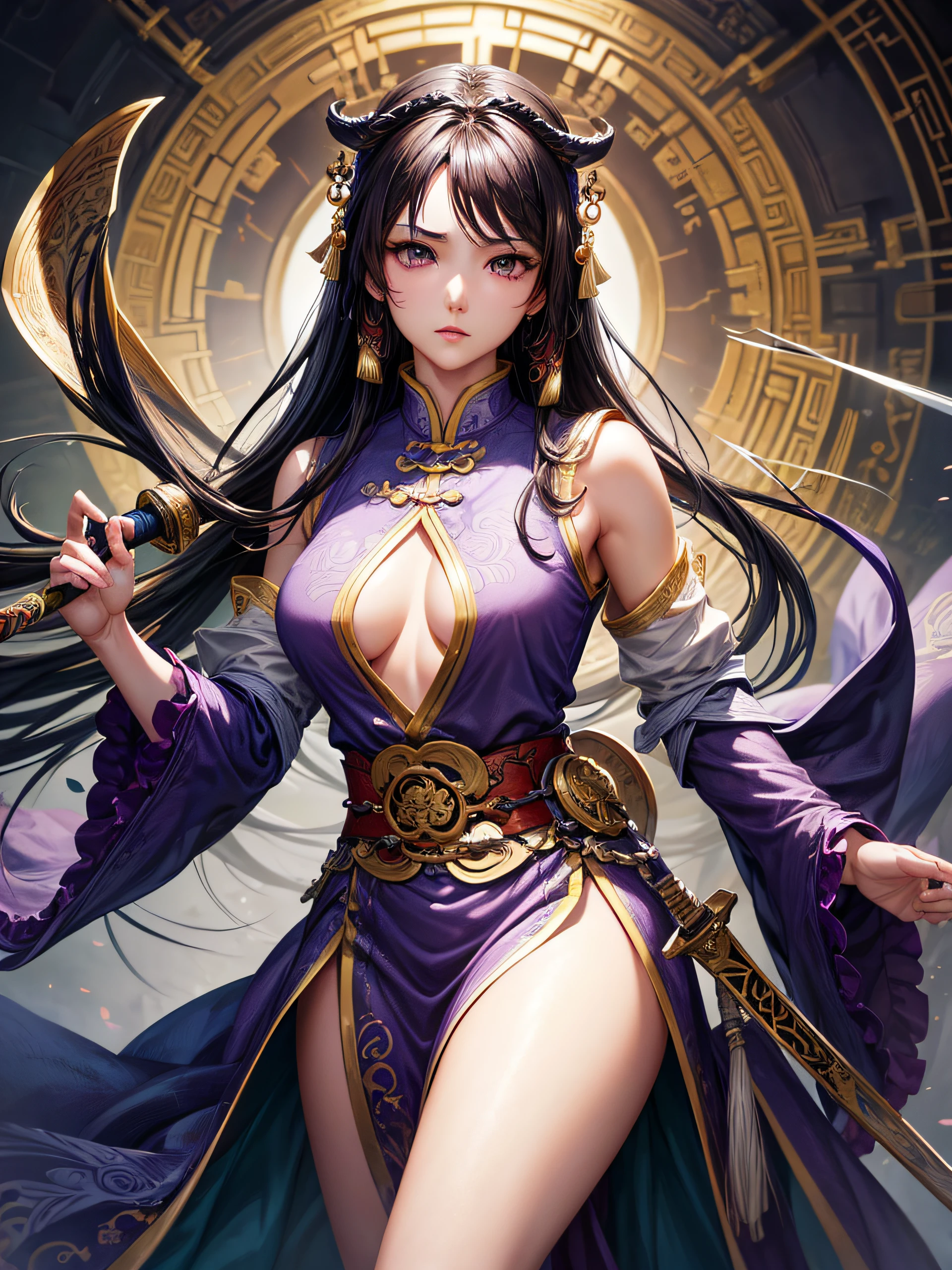 Top Quality, Photorealistic, 8K, High Definition, absurd res, high res, ultra sharp, masterpiece, (masterpiece), best quality, expressive eyes, perfect face, Super eyes, masterpiece, highly detailed exquisite character art, epic fantasy digital art style, detailed digital 2d fantasy art, a close up of a woman holding a sword in a purple dress, yun ling, inspired by Li Mei-shu, by Ju Lian, full body xianxia, heise-lian yan fang, range murata and artgerm, ruan jia and artgerm, bian lian, artgerm detailed, inspired by Ju Lian