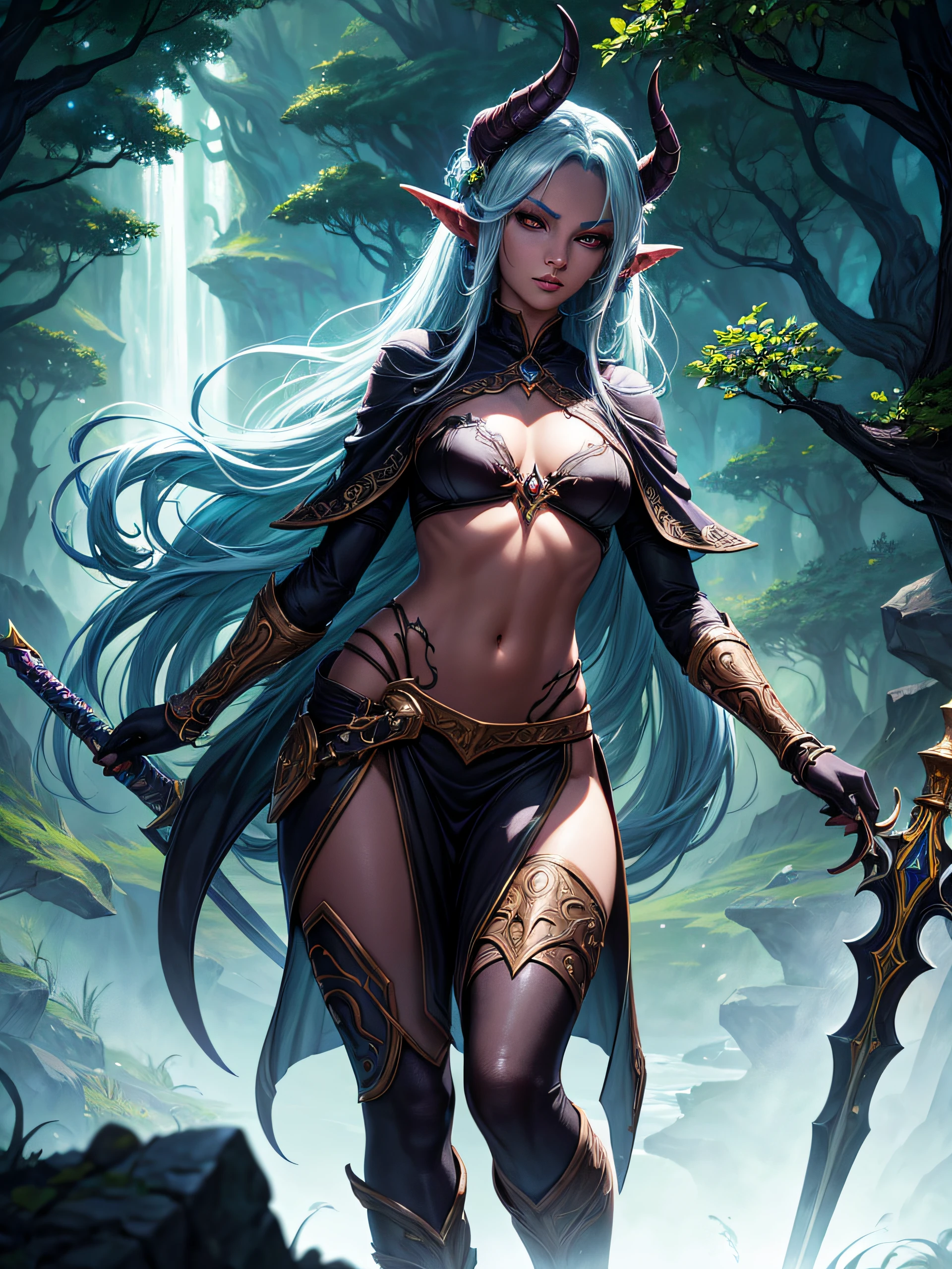 Top Quality, Photorealistic, 8K, High Definition, absurd res, high res, ultra sharp, masterpiece, (masterpiece), best quality, expressive eyes, perfect face, Super eyes, masterpiece, highly detailed exquisite character art, epic fantasy digital art style, detailed digital 2d fantasy art ,a painting of a woman with a sword in a forest, alluring tiefling druid, attractive tiefling druid, tiefling, drow ranger, samira from league of legends, detailed digital 2d fantasy art, digital 2d fantasy art, anthro art, dota 2 concept art, hero from dota 2, world of warcraft art style, by Kieran Yanner
